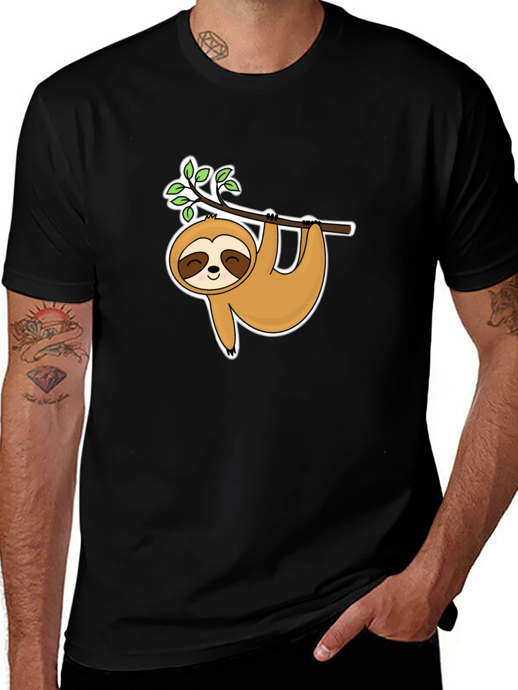 Cute Sloth Hanging On Branch Black T-Shirt