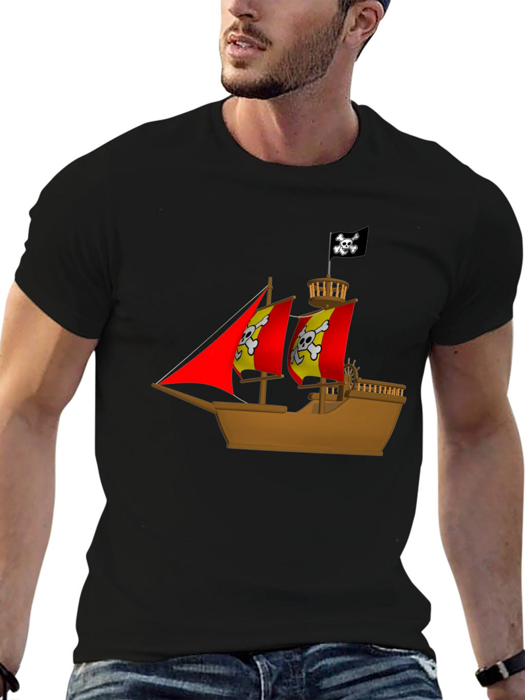 Pirate Ship Graphic T-Shirt - Black Cotton Tee
