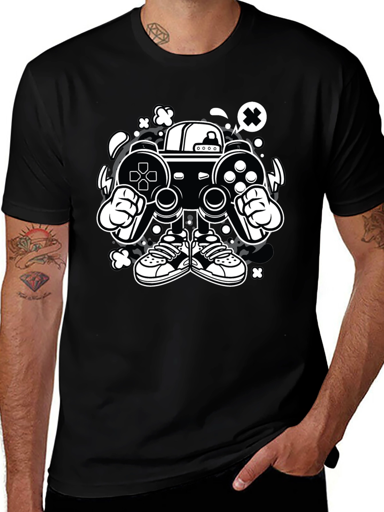 Gaming Console Cartoon Graphic Tee - Black