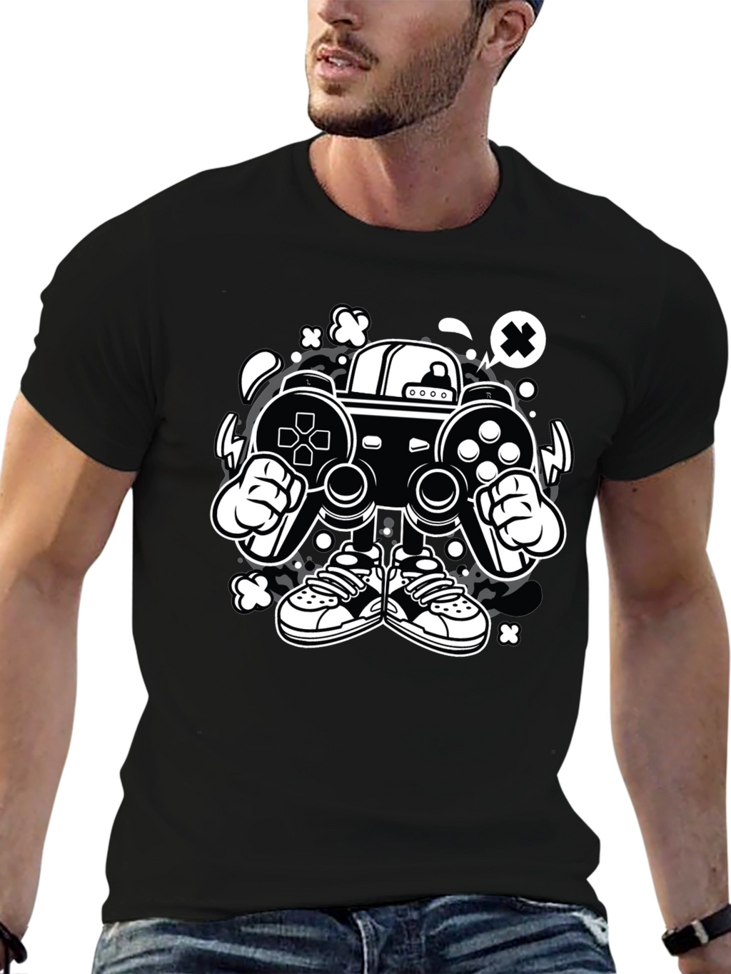 Gaming Console Cartoon Graphic Tee - Black