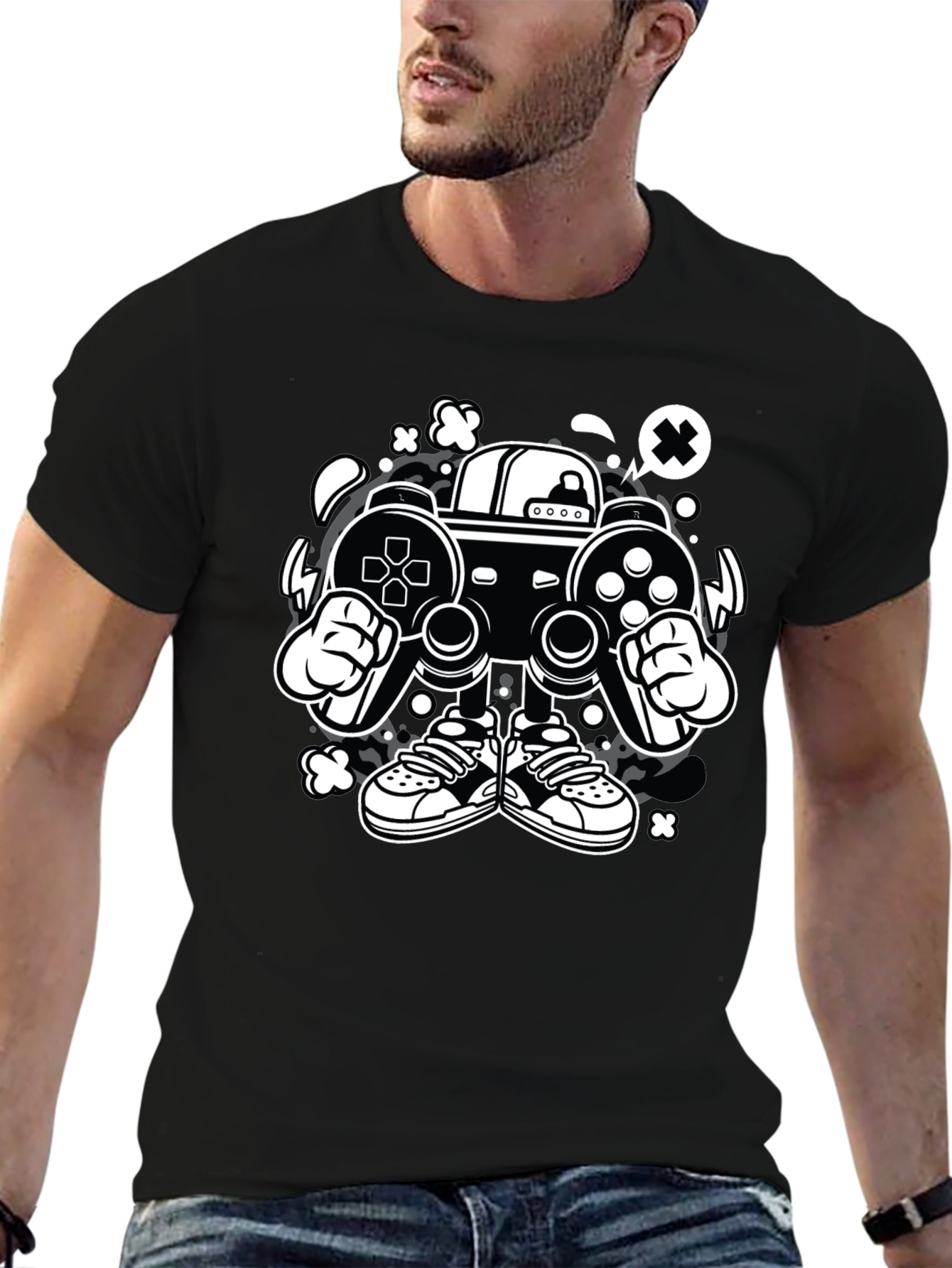 Gaming Console Cartoon Graphic Tee - Black
