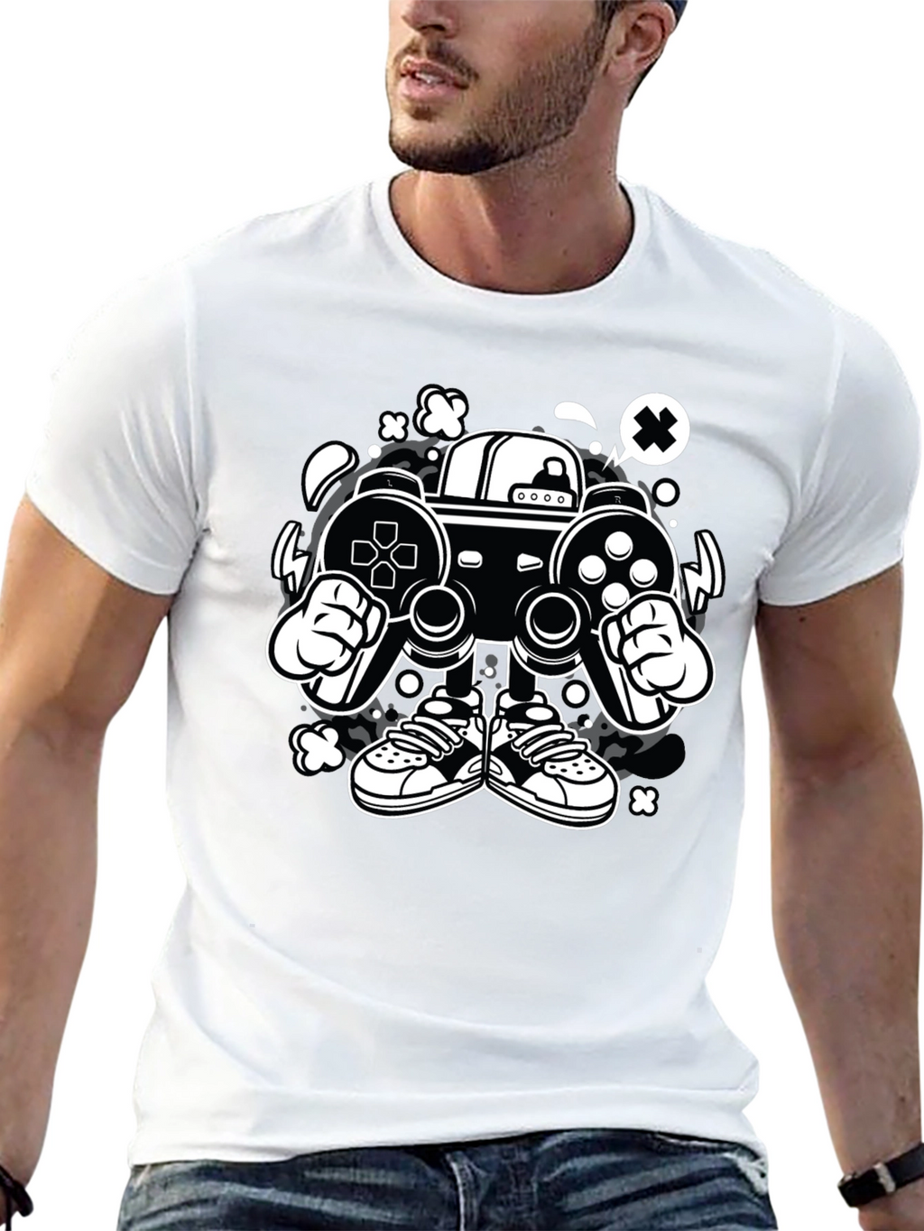 Gaming Console Cartoon Graphic Tee - Black