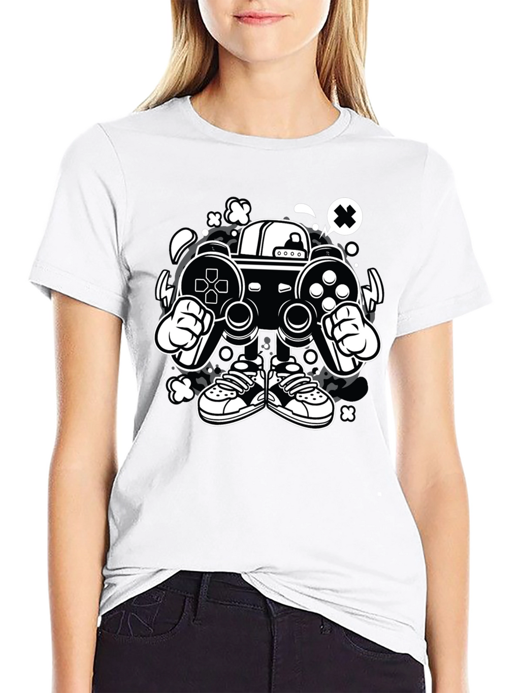 Gaming Console Cartoon Graphic Tee - Black