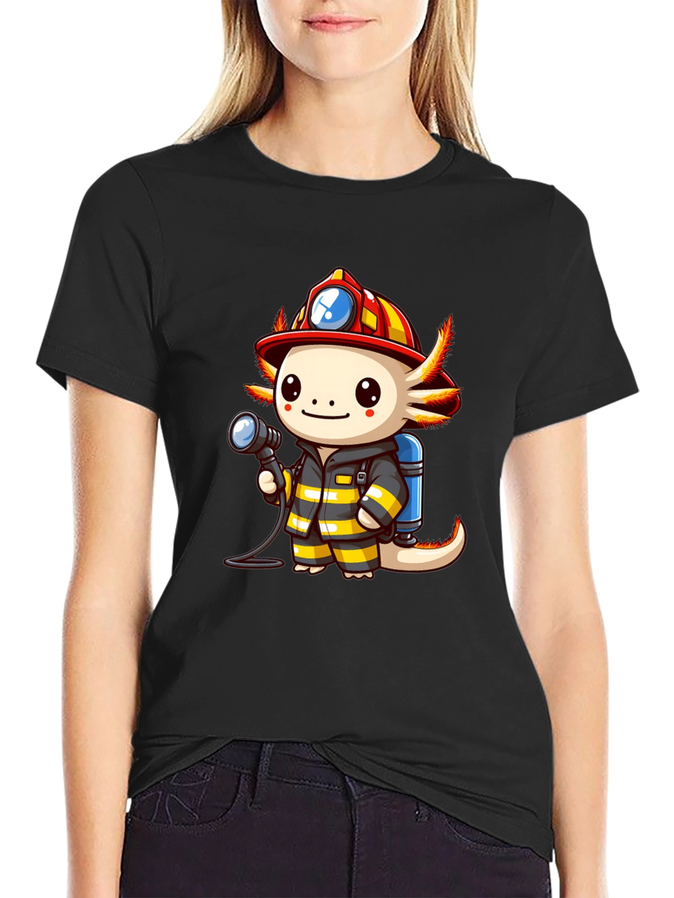 Axolotl Firefighter T-Shirt - Cartoon Graphic Tee