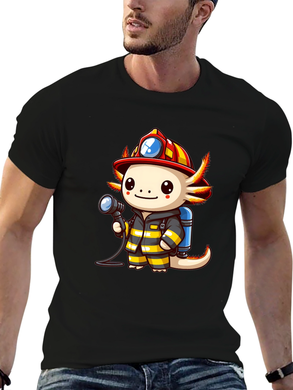 Axolotl Firefighter T-Shirt - Cartoon Graphic Tee