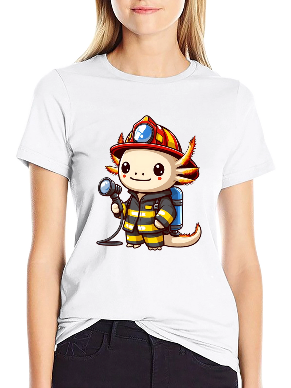 Axolotl Firefighter T-Shirt - Cartoon Graphic Tee