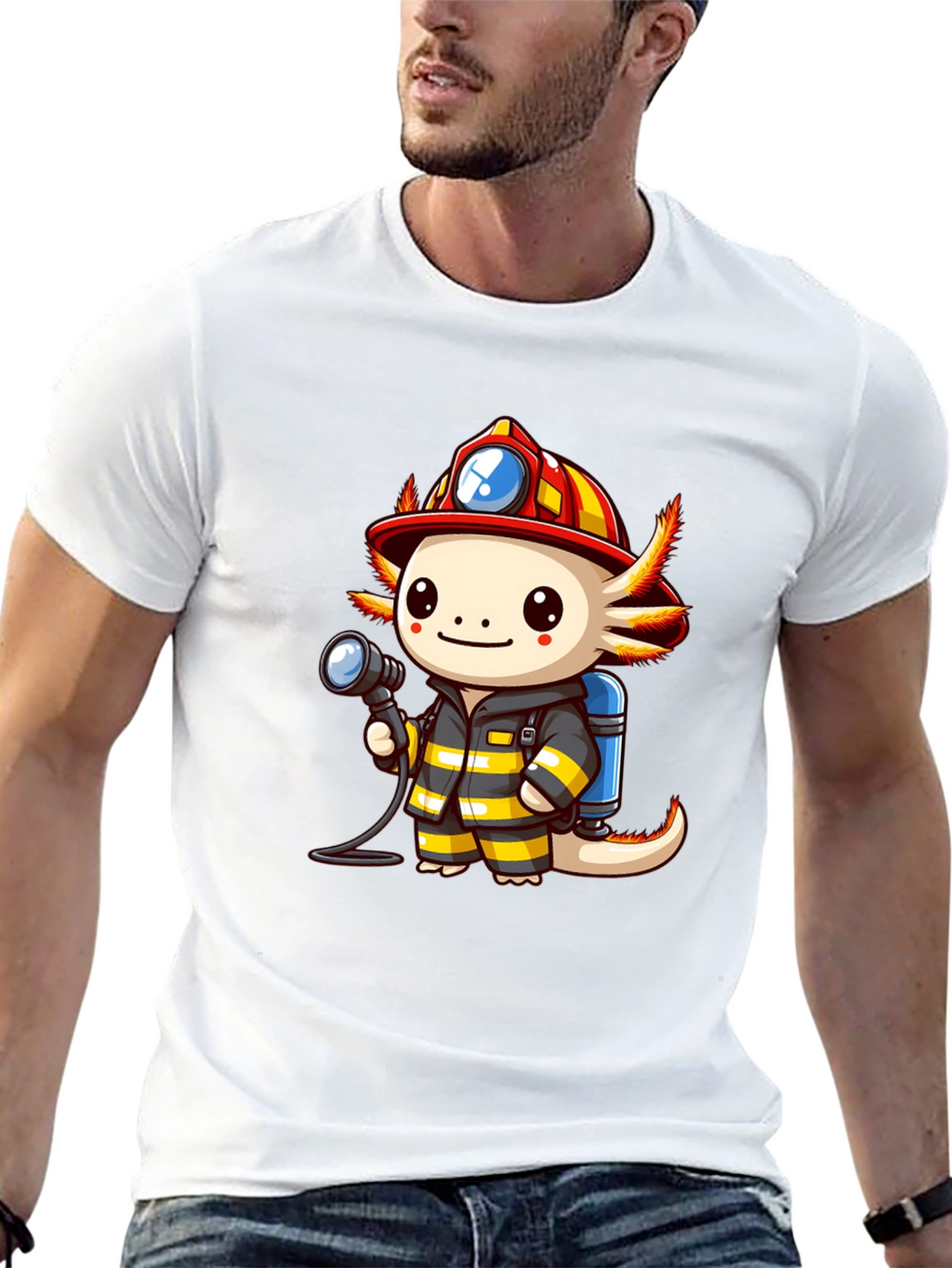 Axolotl Firefighter T-Shirt - Cartoon Graphic Tee