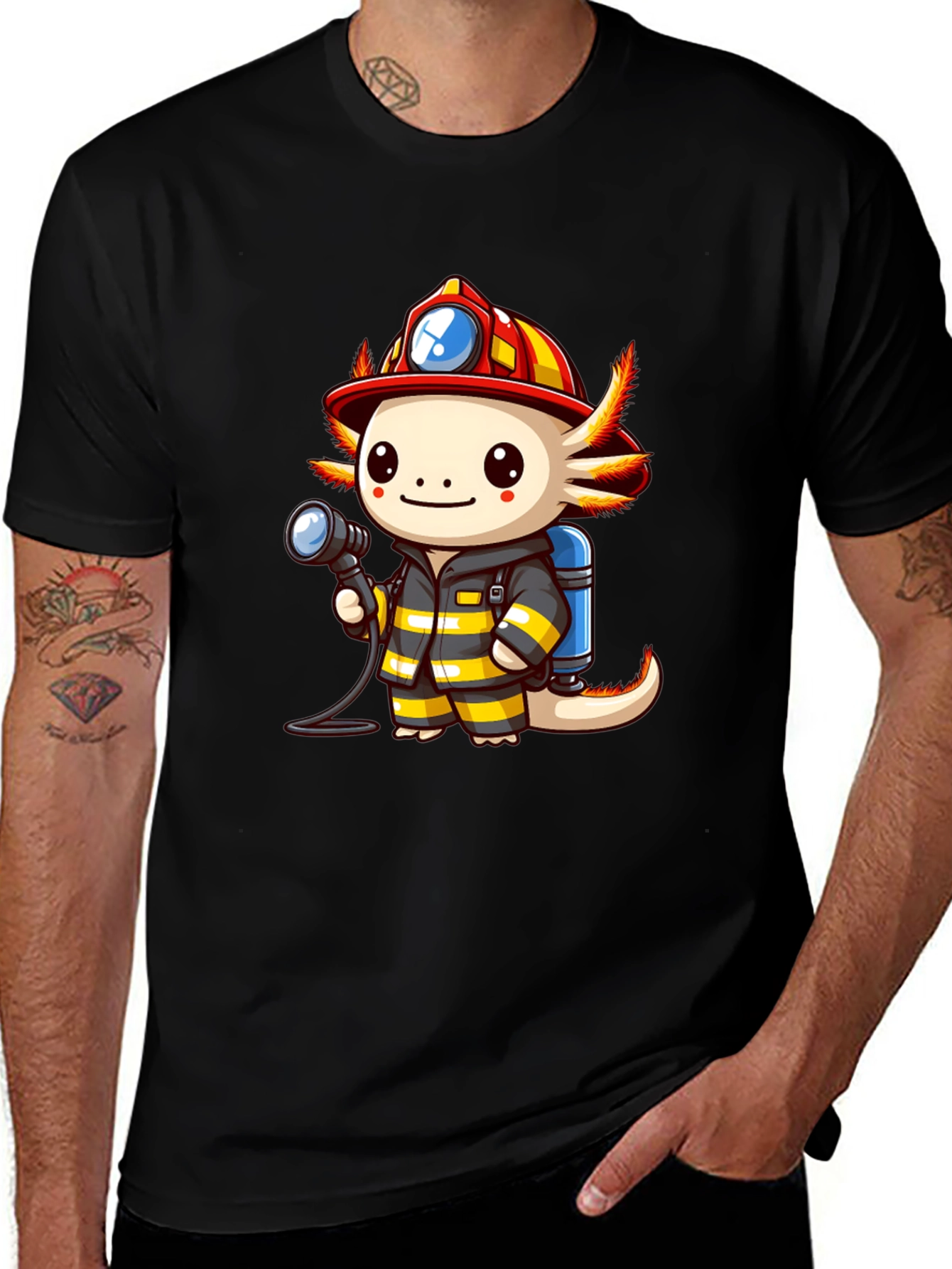 Axolotl Firefighter T-Shirt - Cartoon Graphic Tee