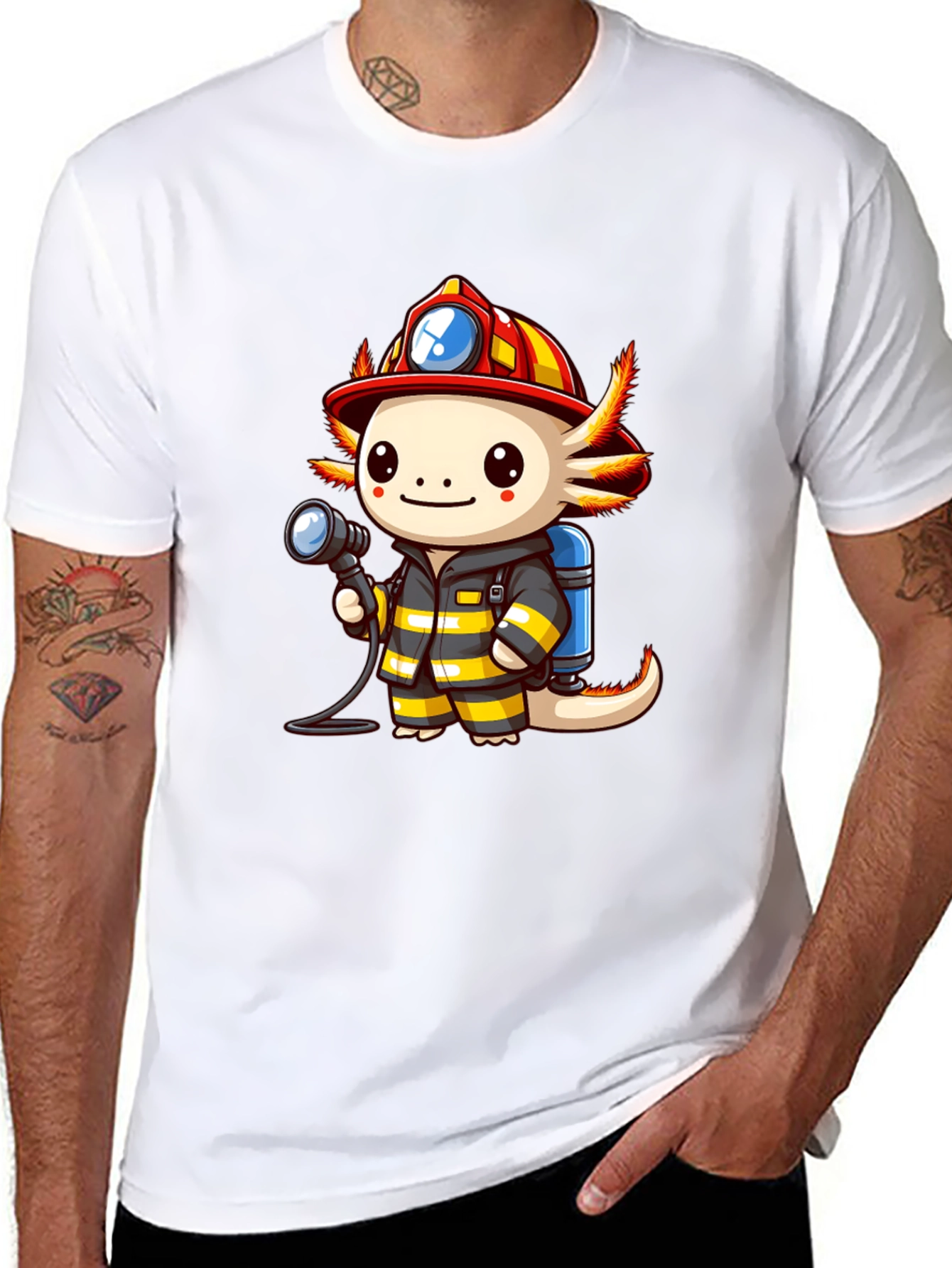 Axolotl Firefighter T-Shirt - Cartoon Graphic Tee