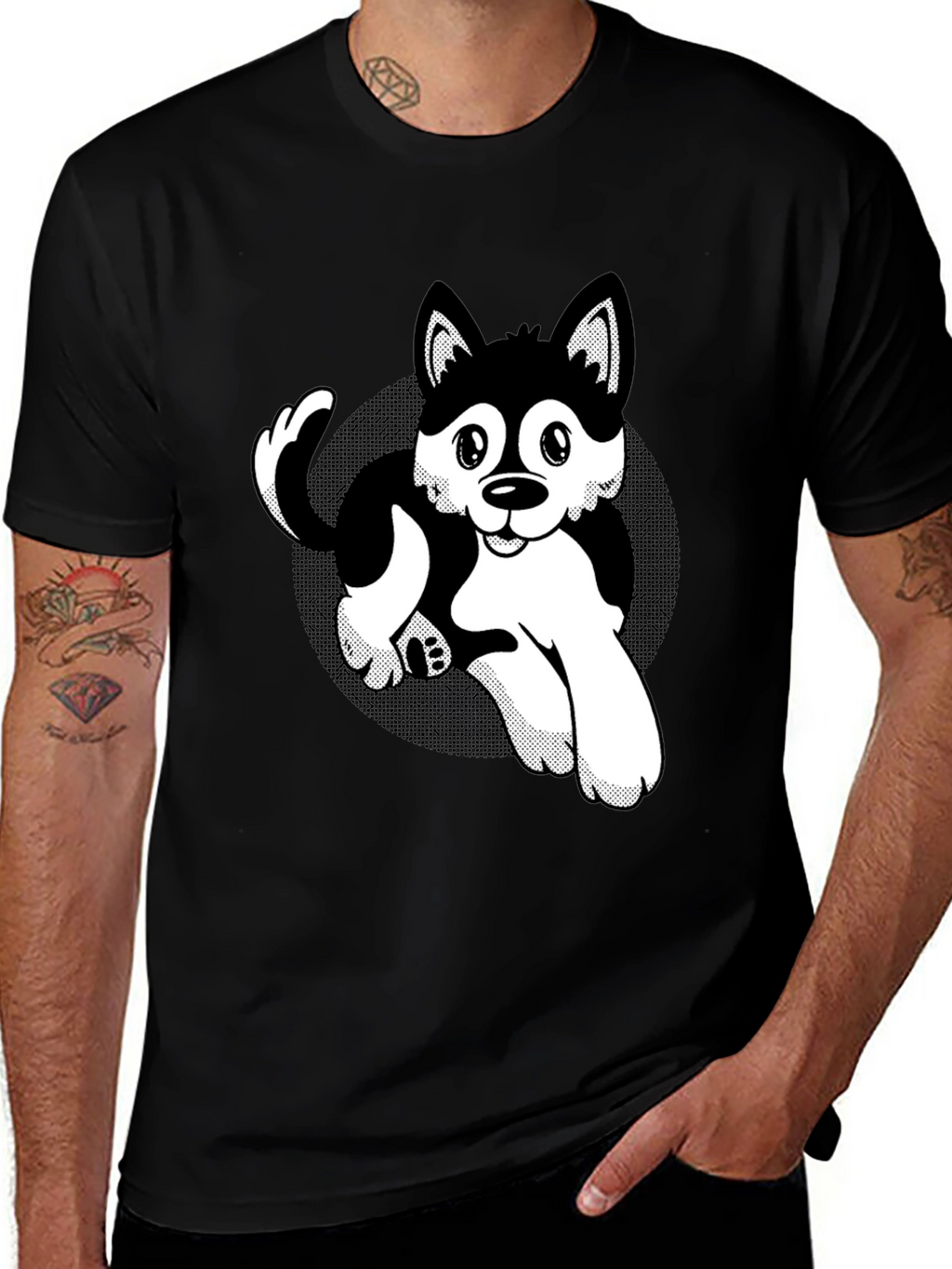 Cute Husky Cartoon Black T-Shirt