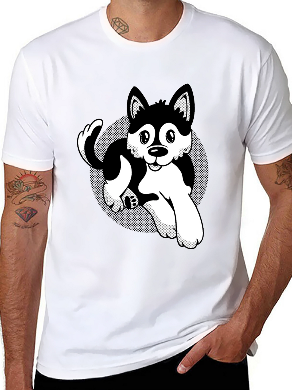 Cute Husky Cartoon Black T-Shirt