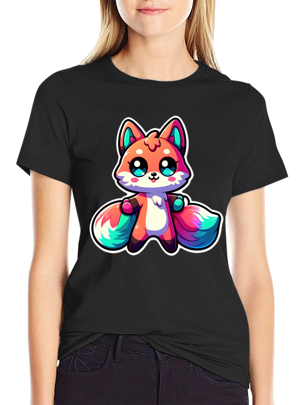 Cute Cartoon Fox Black T-Shirt