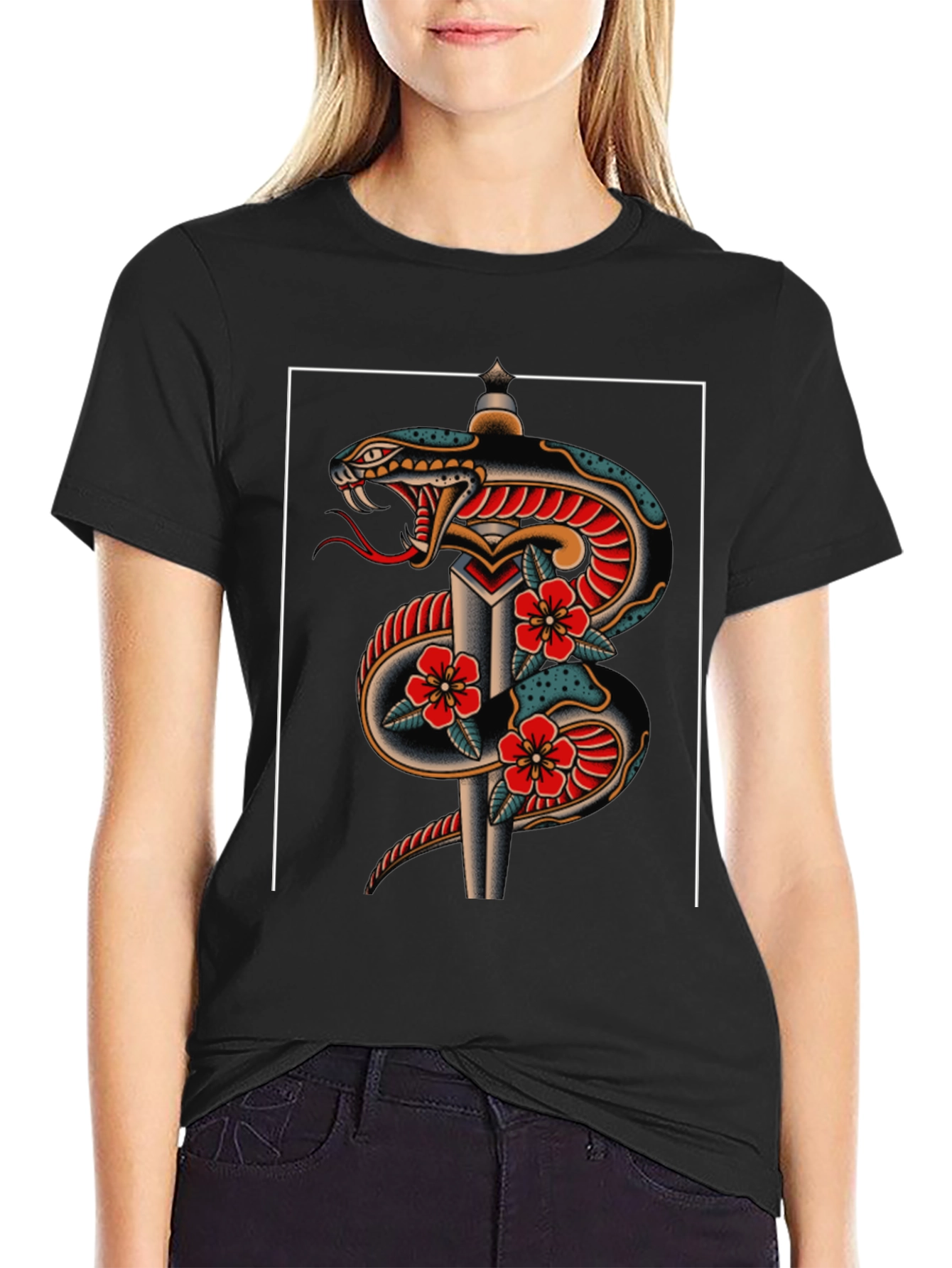 Snake & Dagger Graphic Tee - Classic Tattoo Style