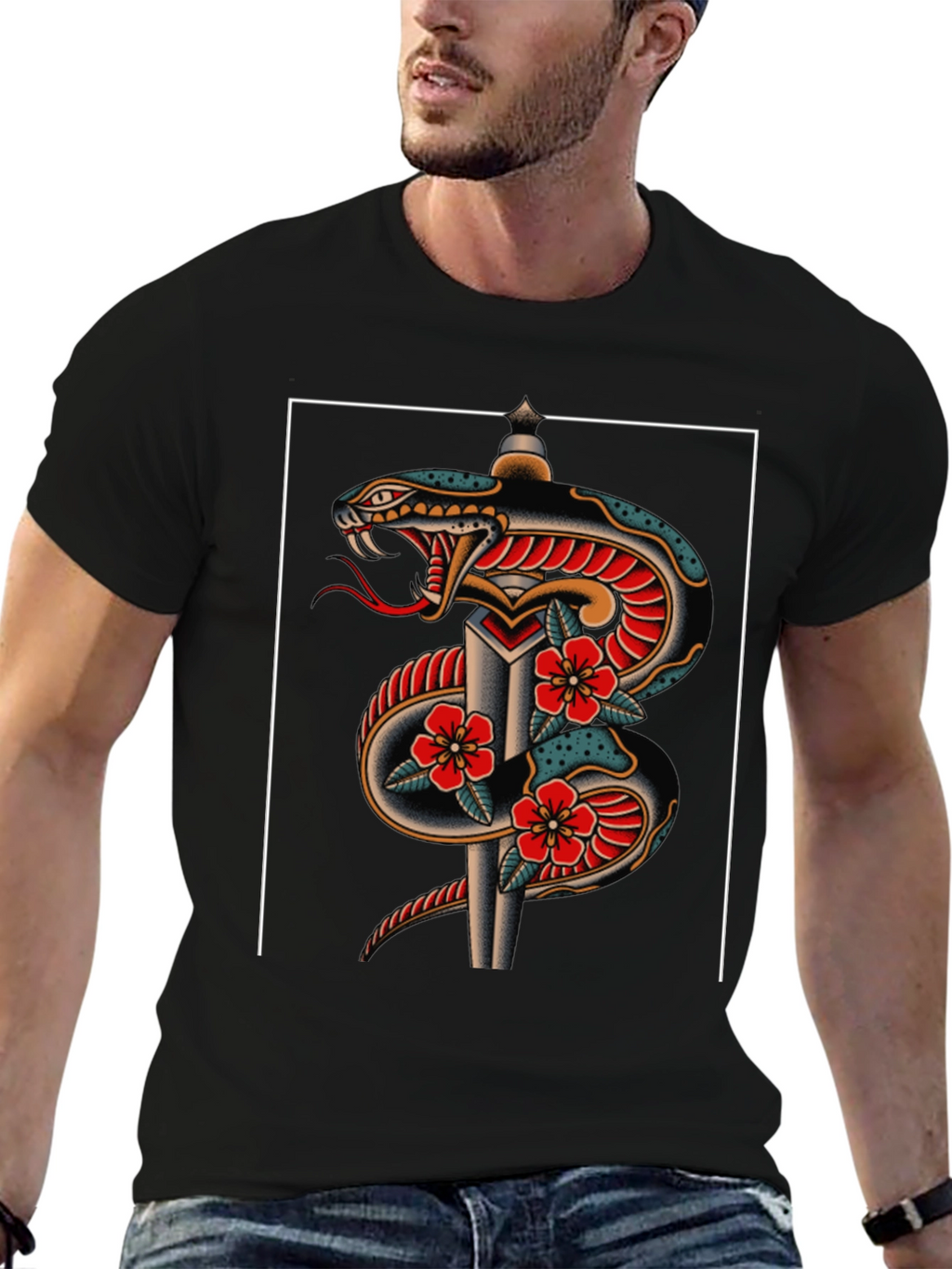 Snake & Dagger Graphic Tee - Classic Tattoo Style