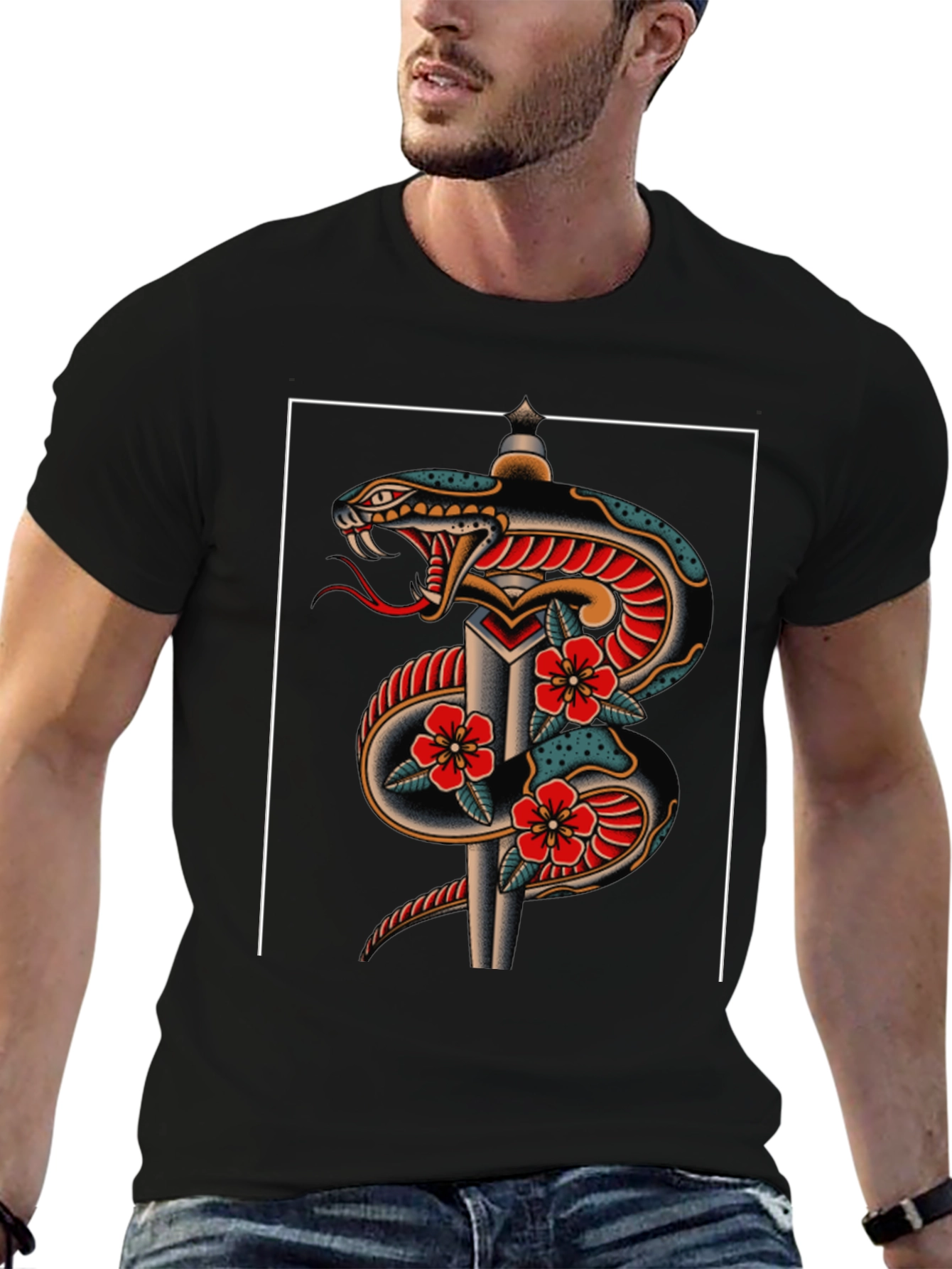 Snake & Dagger Graphic Tee - Classic Tattoo Style