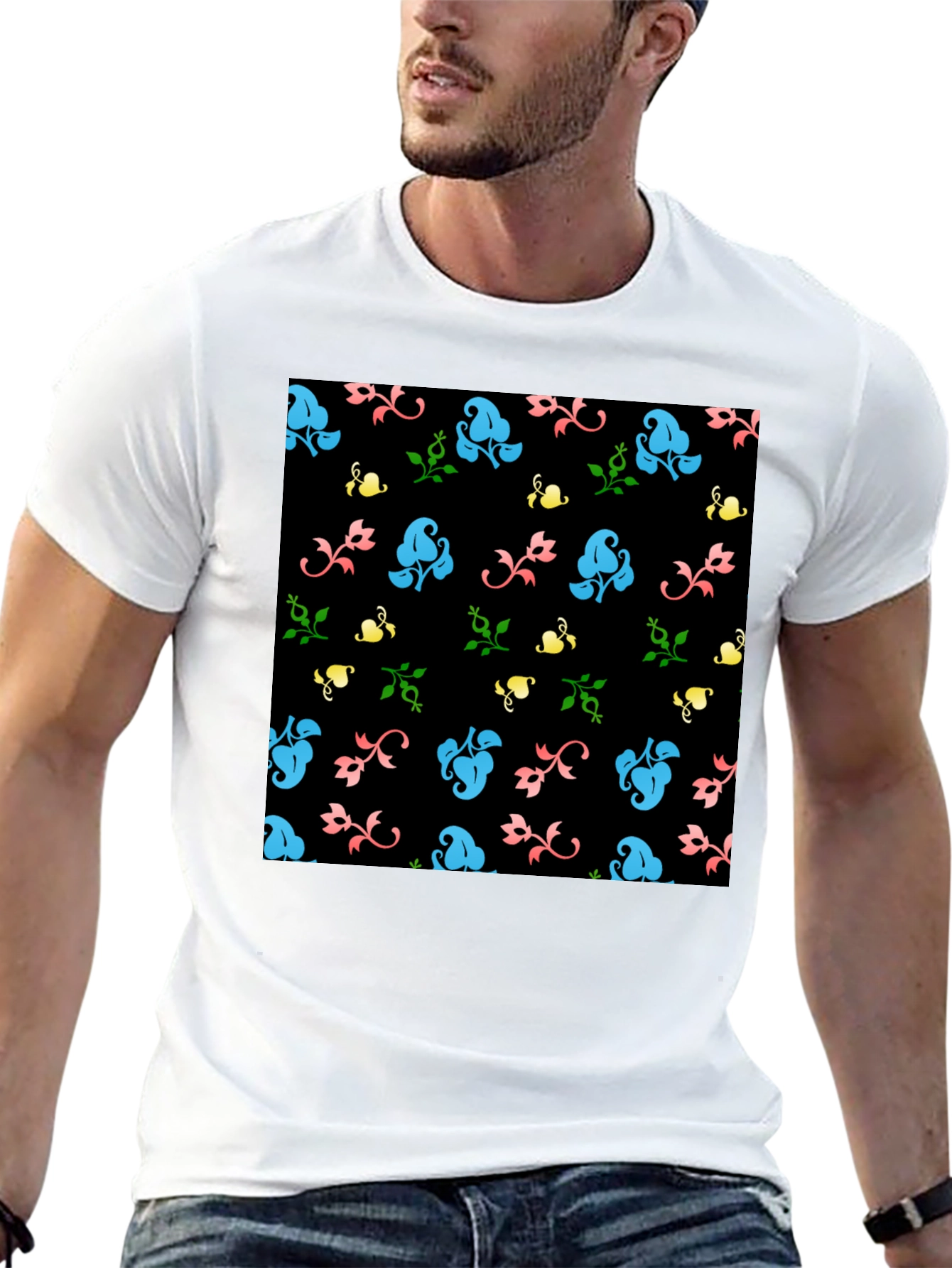 Floral Patterned Black T-Shirt