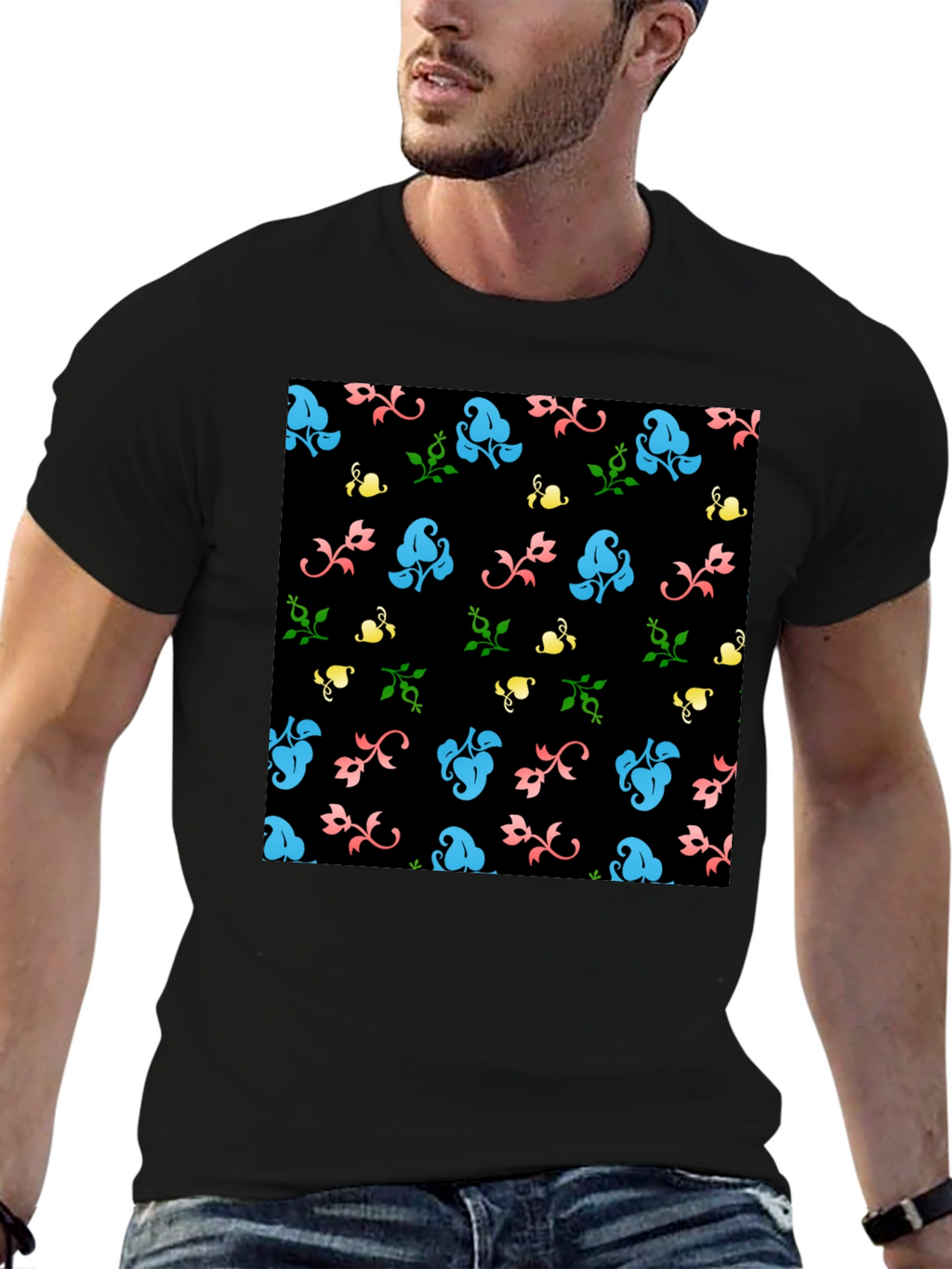Floral Patterned Black T-Shirt