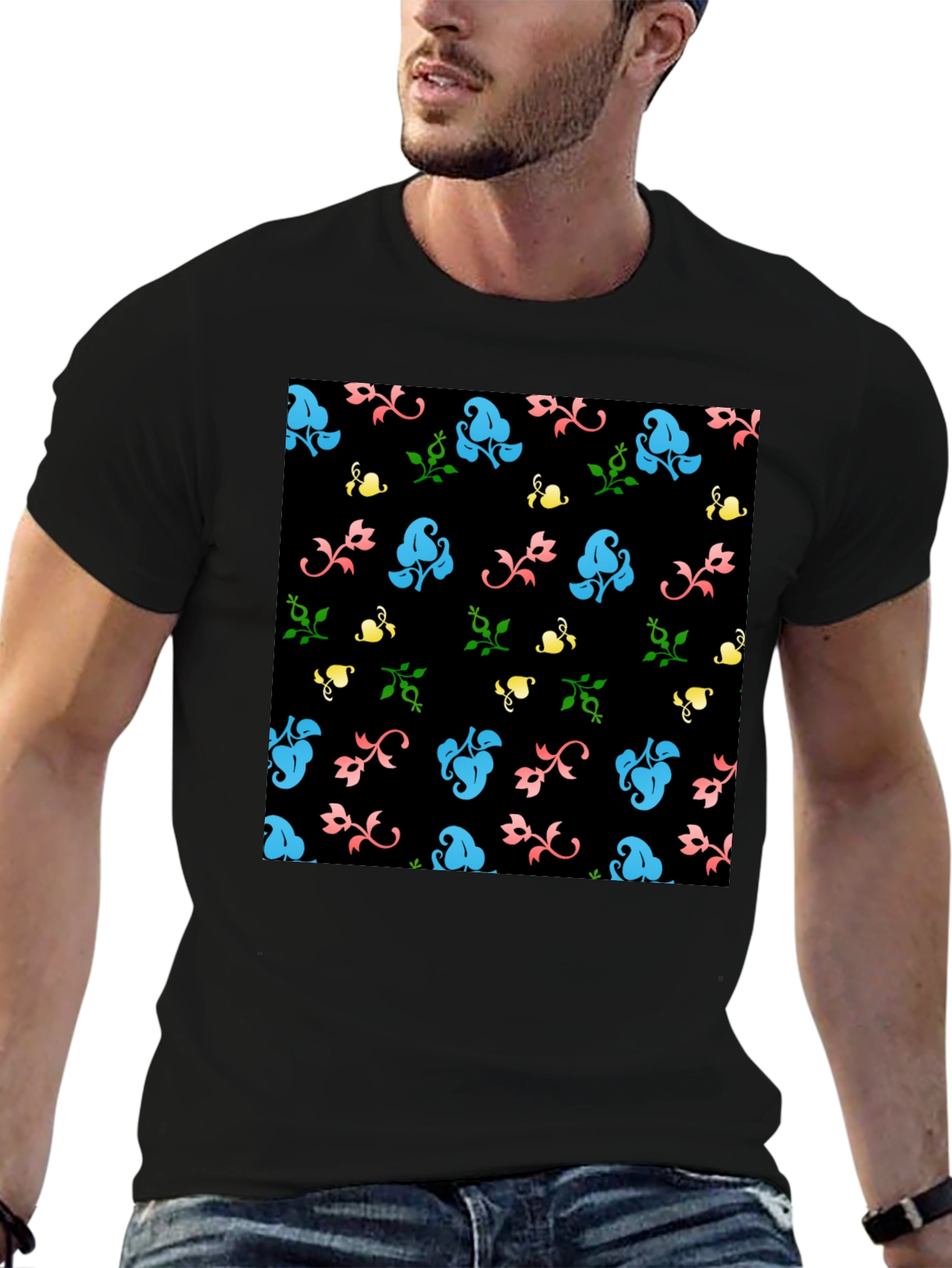 Floral Patterned Black T-Shirt