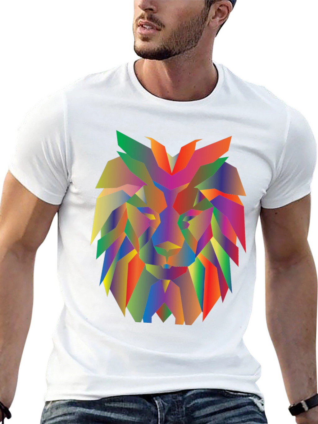 Geometric Lion Graphic Tee - Modern Mens Black T-Shirt