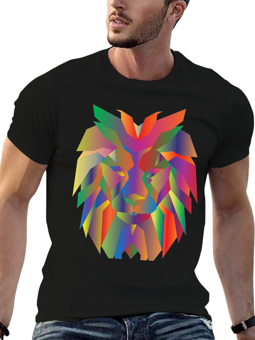 Geometric Lion Graphic Tee - Modern Mens Black T-Shirt