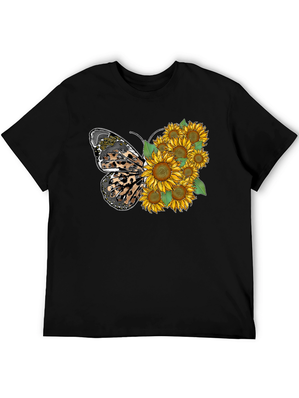 Sunflower Butterfly Graphic Tee - Trendy Black T-Shirt