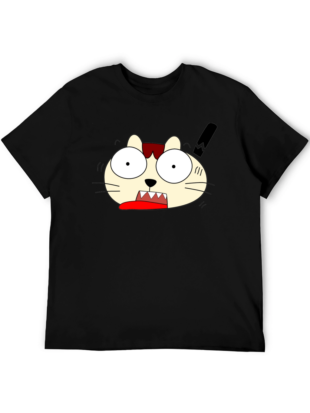 Crazy Cartoon Cat Graphic Black T-Shirt