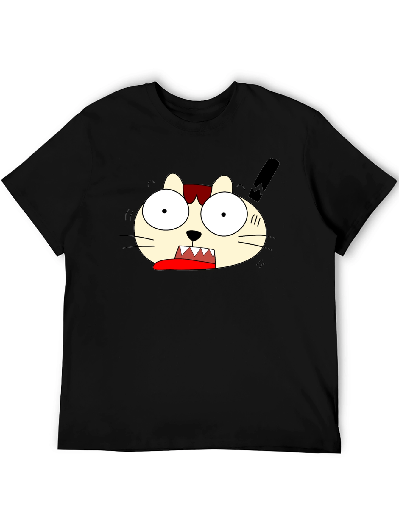 Crazy Cartoon Cat Graphic Black T-Shirt