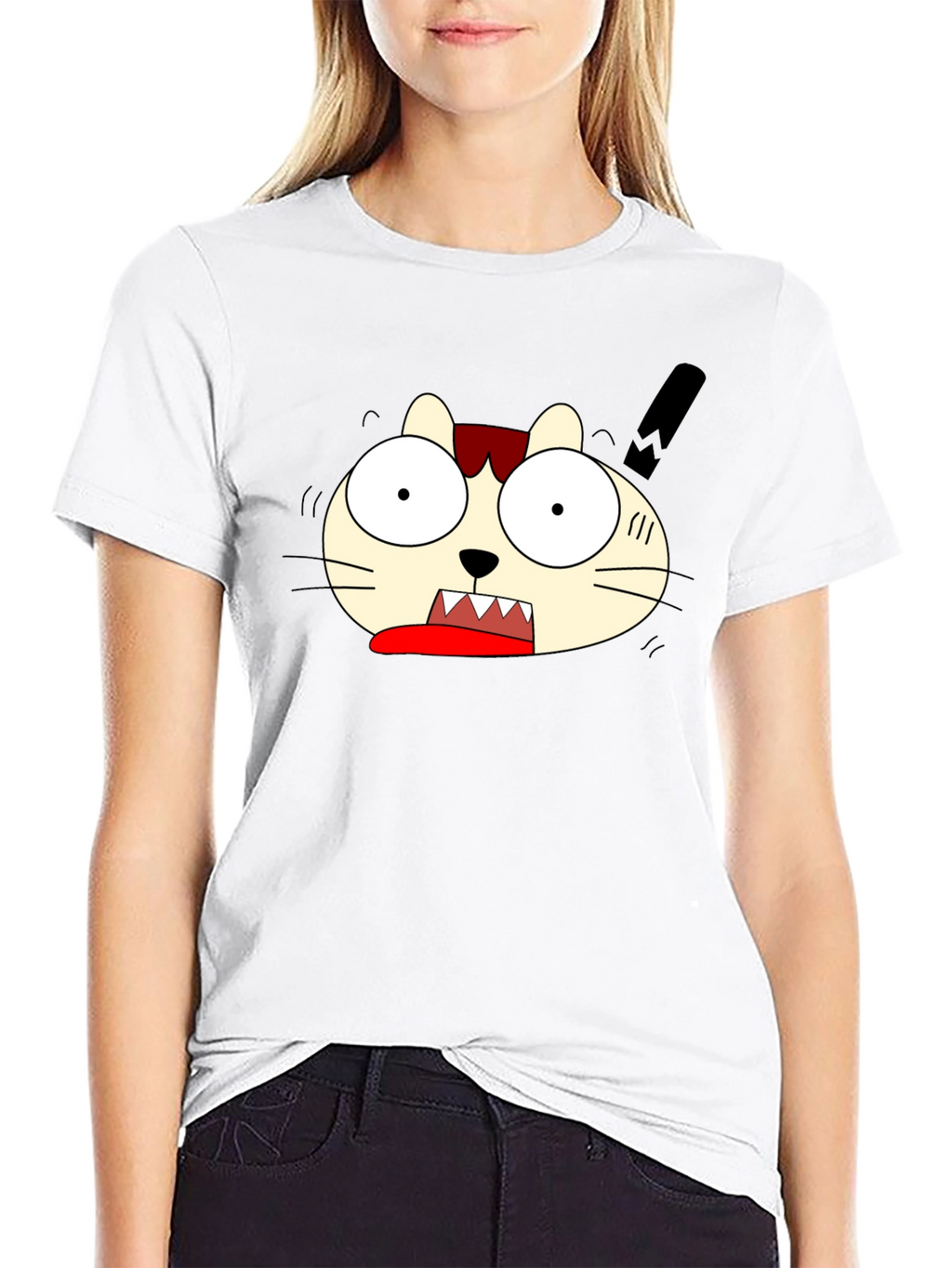 Crazy Cartoon Cat Graphic Black T-Shirt