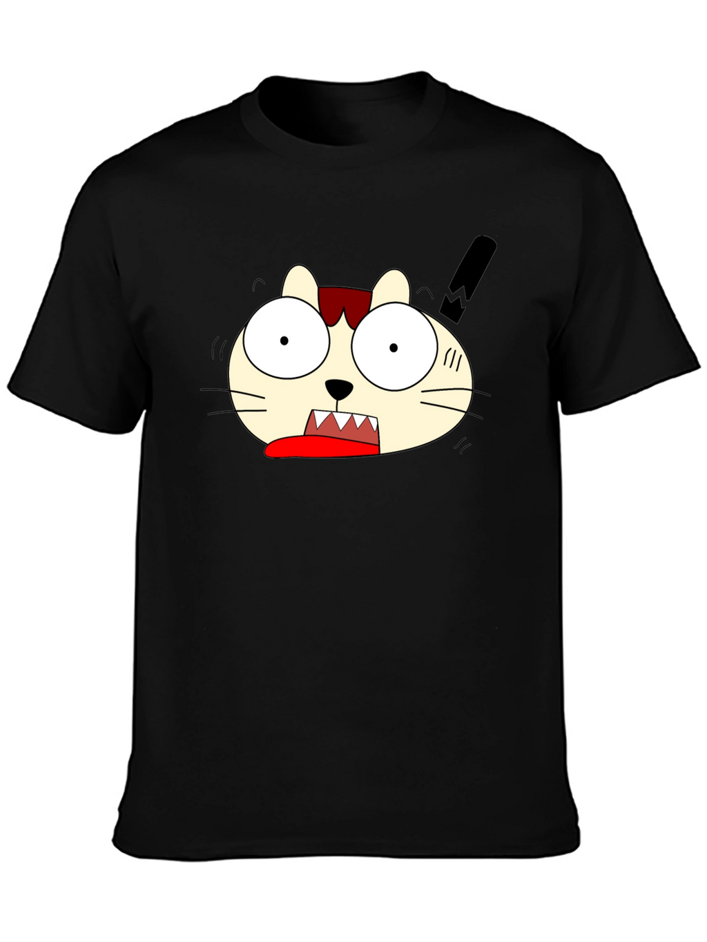 Crazy Cartoon Cat Graphic Black T-Shirt