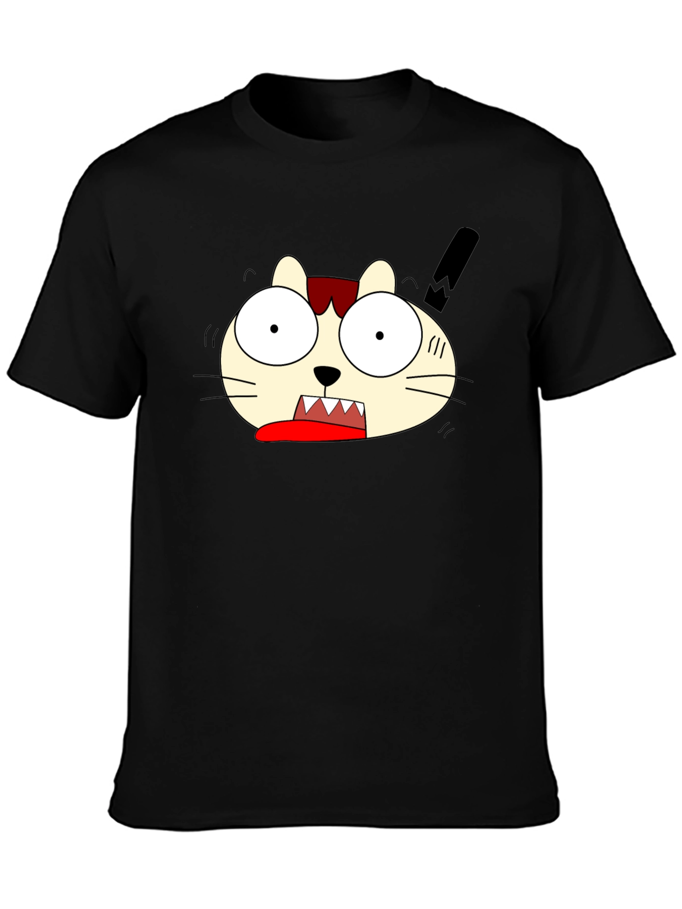 Crazy Cartoon Cat Graphic Black T-Shirt