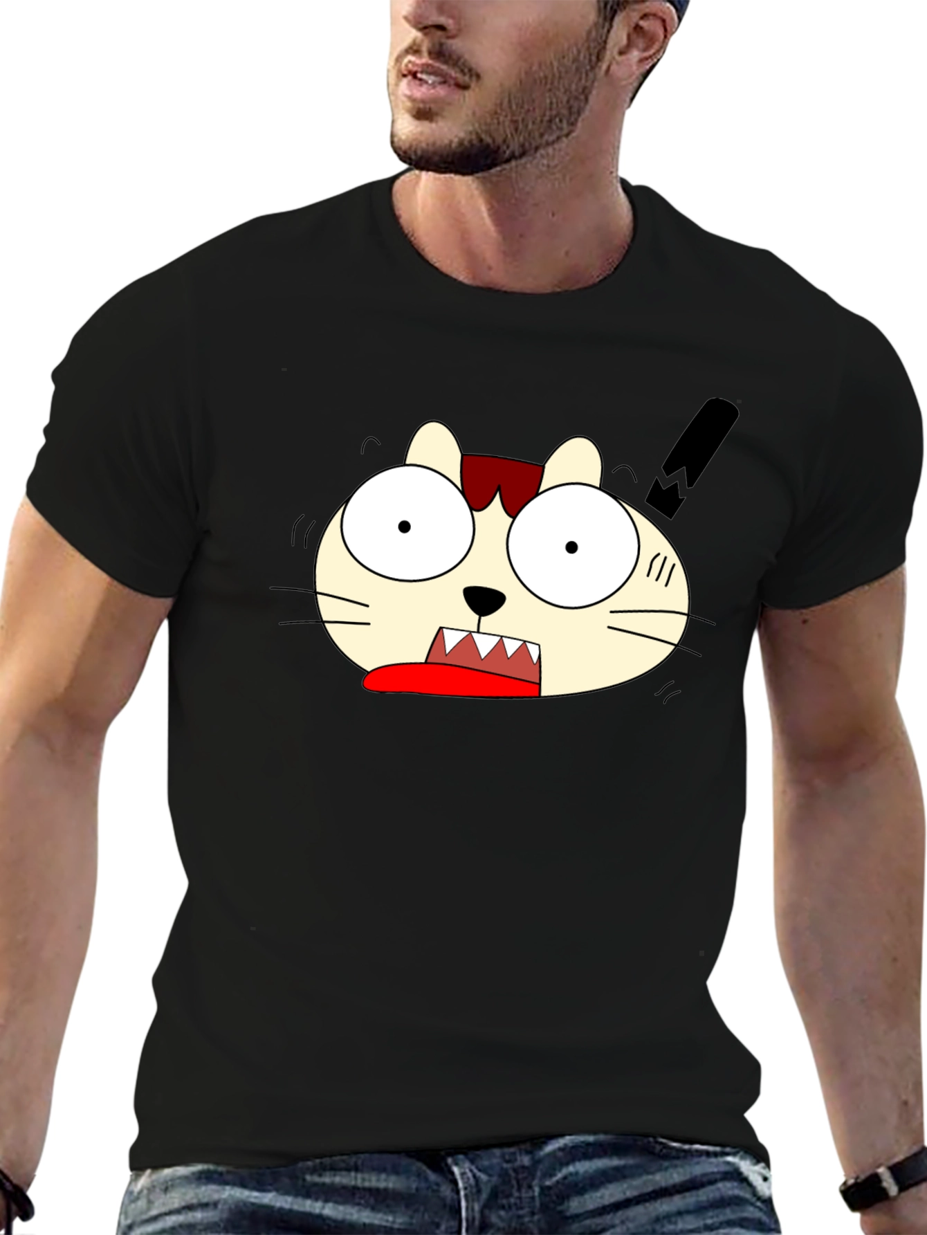 Crazy Cartoon Cat Graphic Black T-Shirt