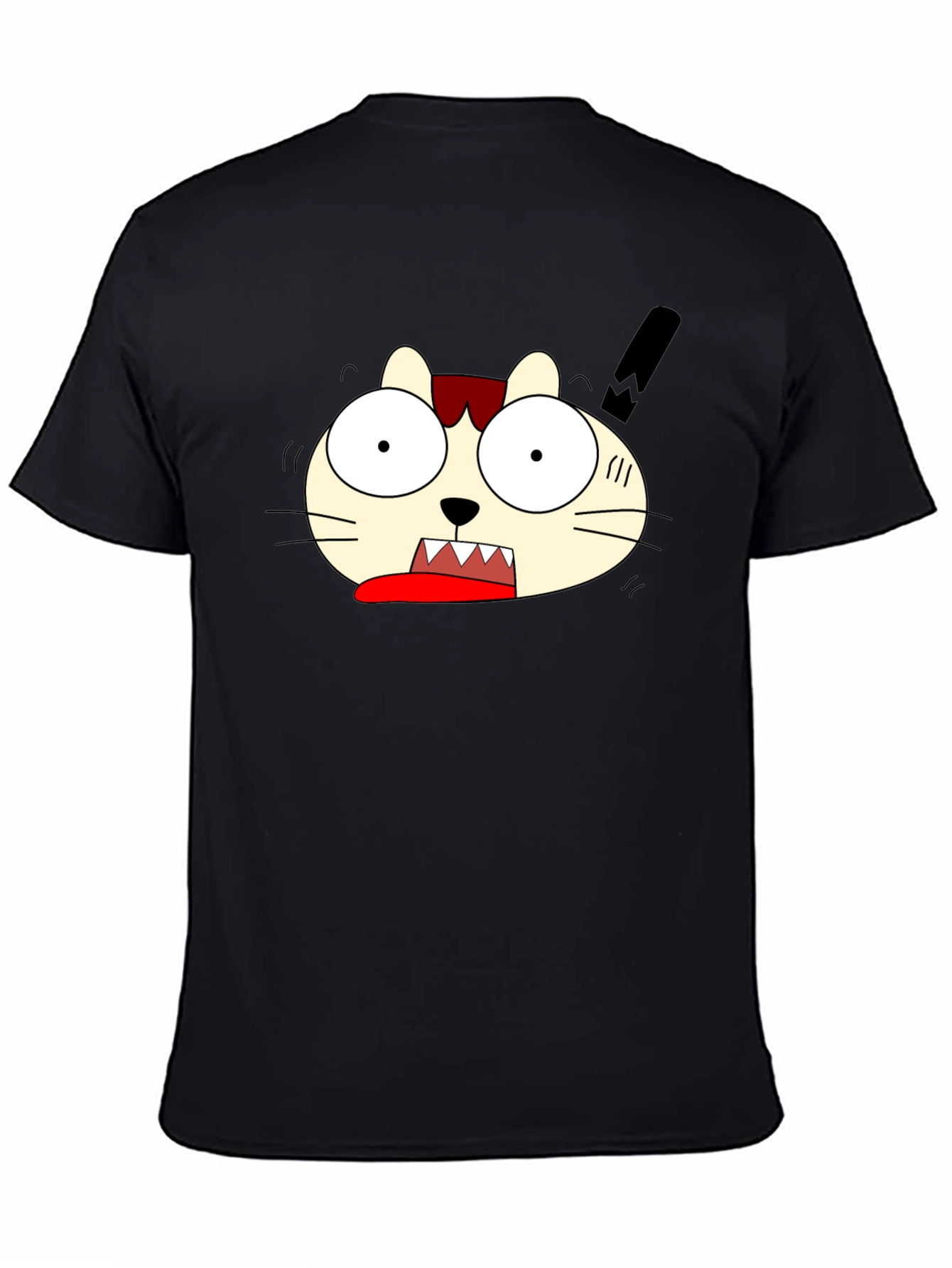 Crazy Cartoon Cat Graphic Black T-Shirt