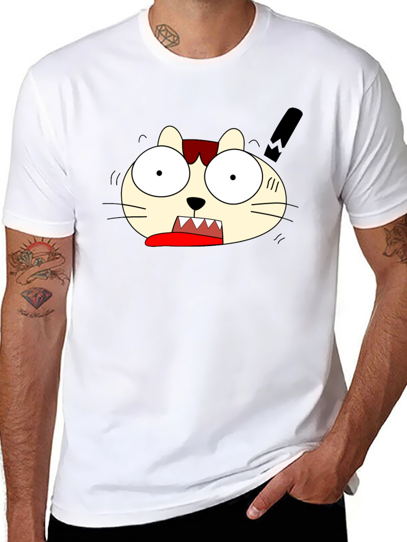 Crazy Cartoon Cat Graphic Black T-Shirt