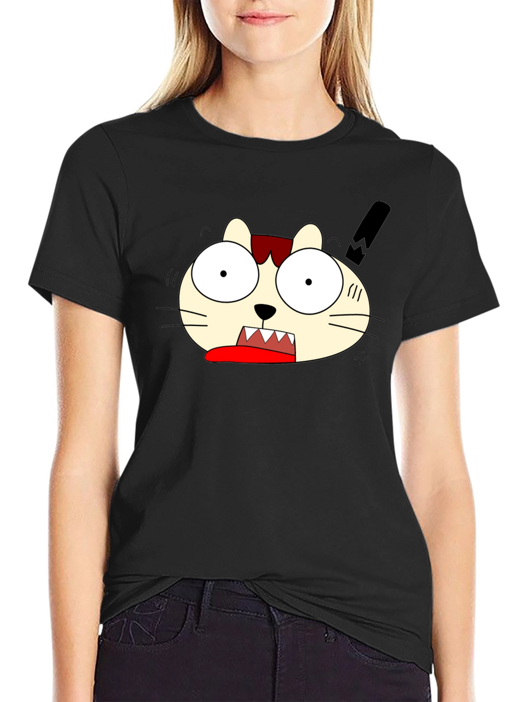 Crazy Cartoon Cat Graphic Black T-Shirt