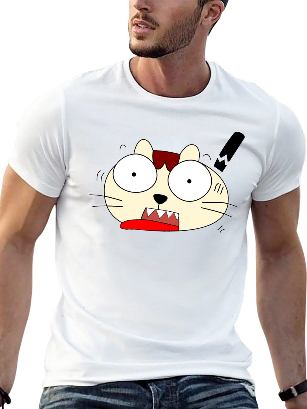 Crazy Cartoon Cat Graphic Black T-Shirt