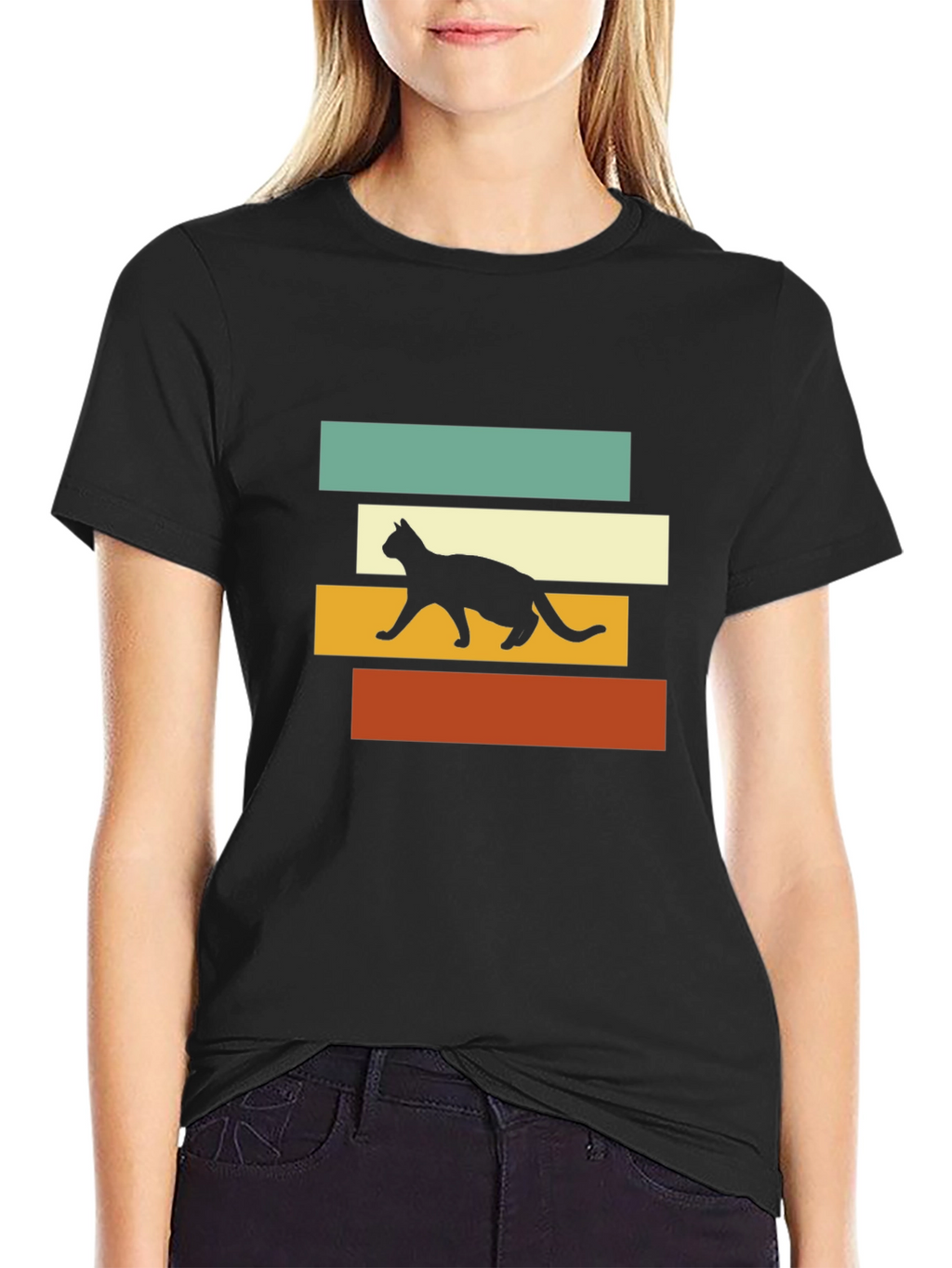 Retro Cat Silhouette Graphic Tee - Black T-Shirt