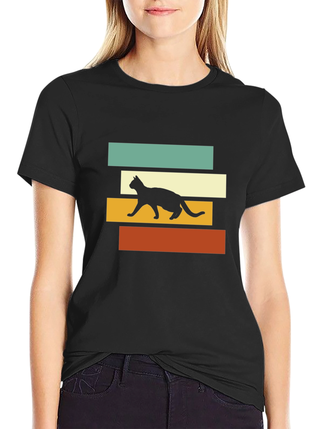 Retro Cat Silhouette Graphic Tee - Black T-Shirt