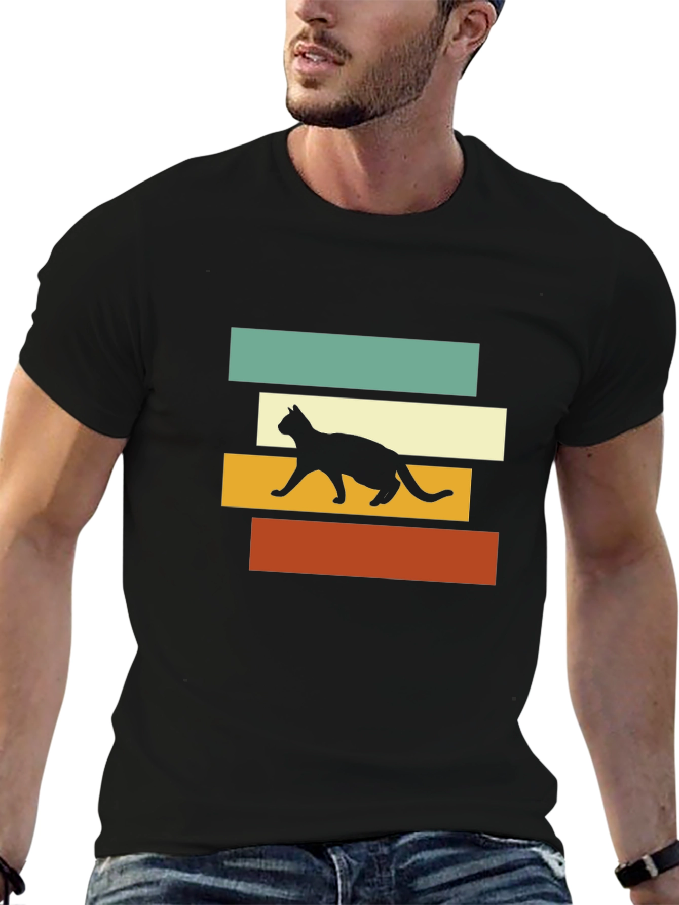 Retro Cat Silhouette Graphic Tee - Black T-Shirt