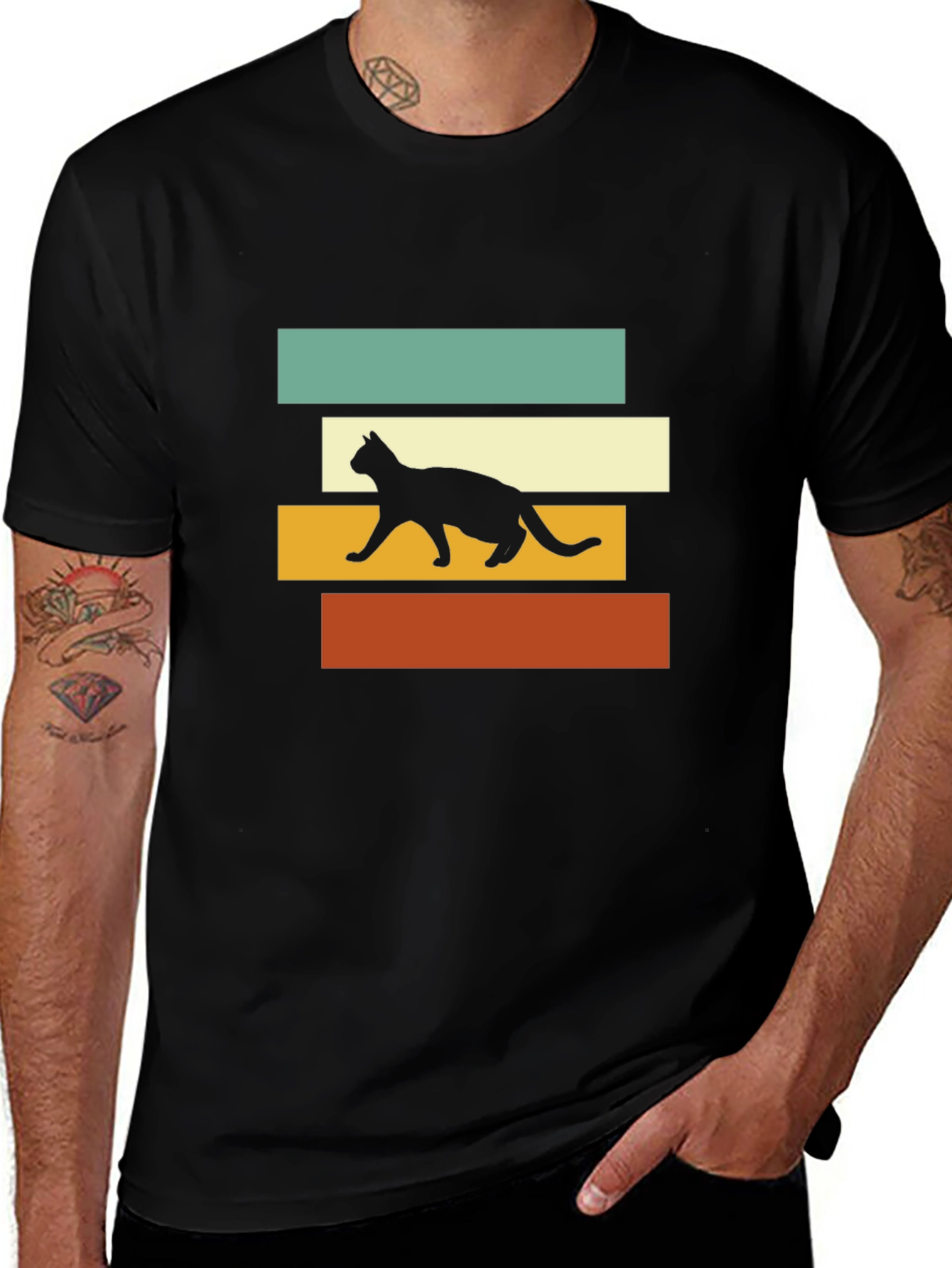 Retro Cat Silhouette Graphic Tee - Black T-Shirt