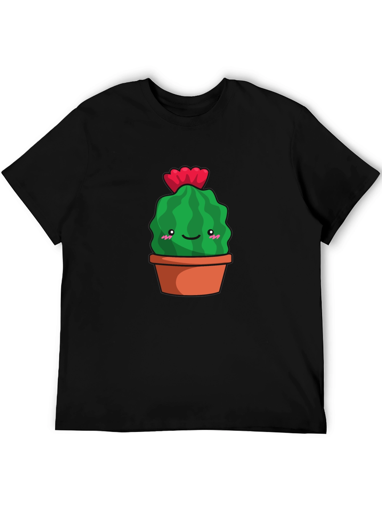 Cute Cactus in Pot Graphic Tee - Black Cotton T-Shirt