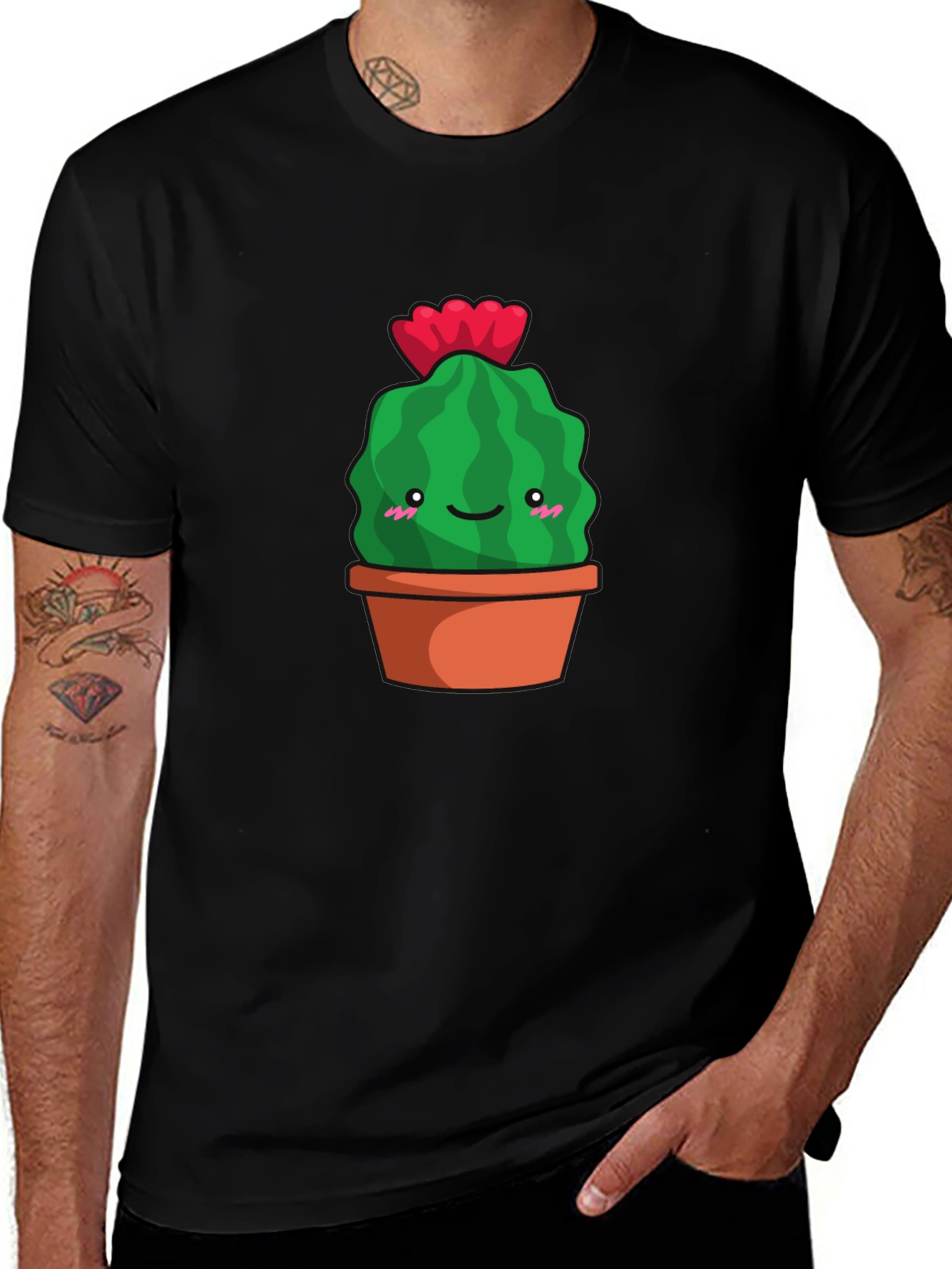 Cute Cactus in Pot Graphic Tee - Black Cotton T-Shirt