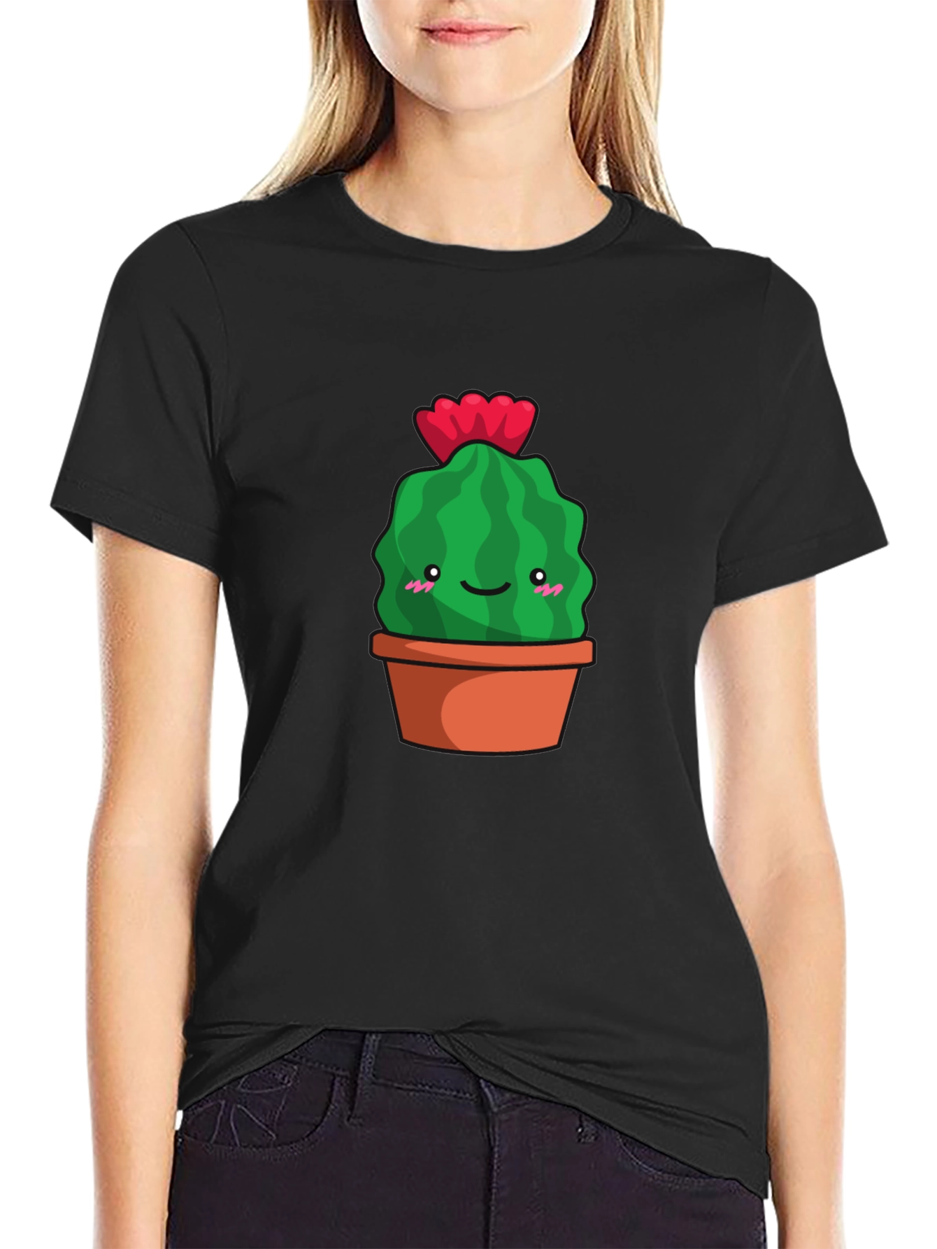 Cute Cactus in Pot Graphic Tee - Black Cotton T-Shirt