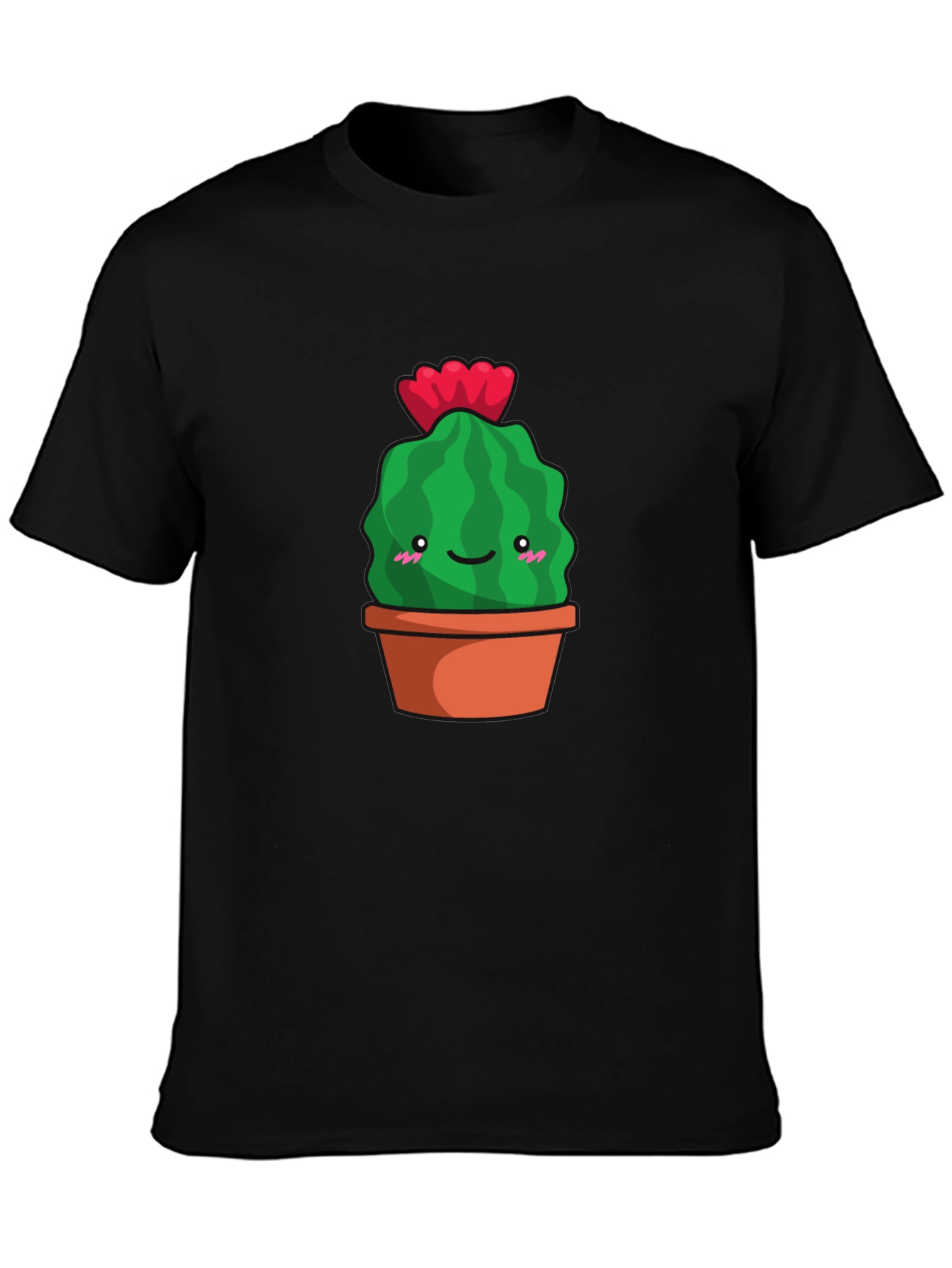 Cute Cactus in Pot Graphic Tee - Black Cotton T-Shirt
