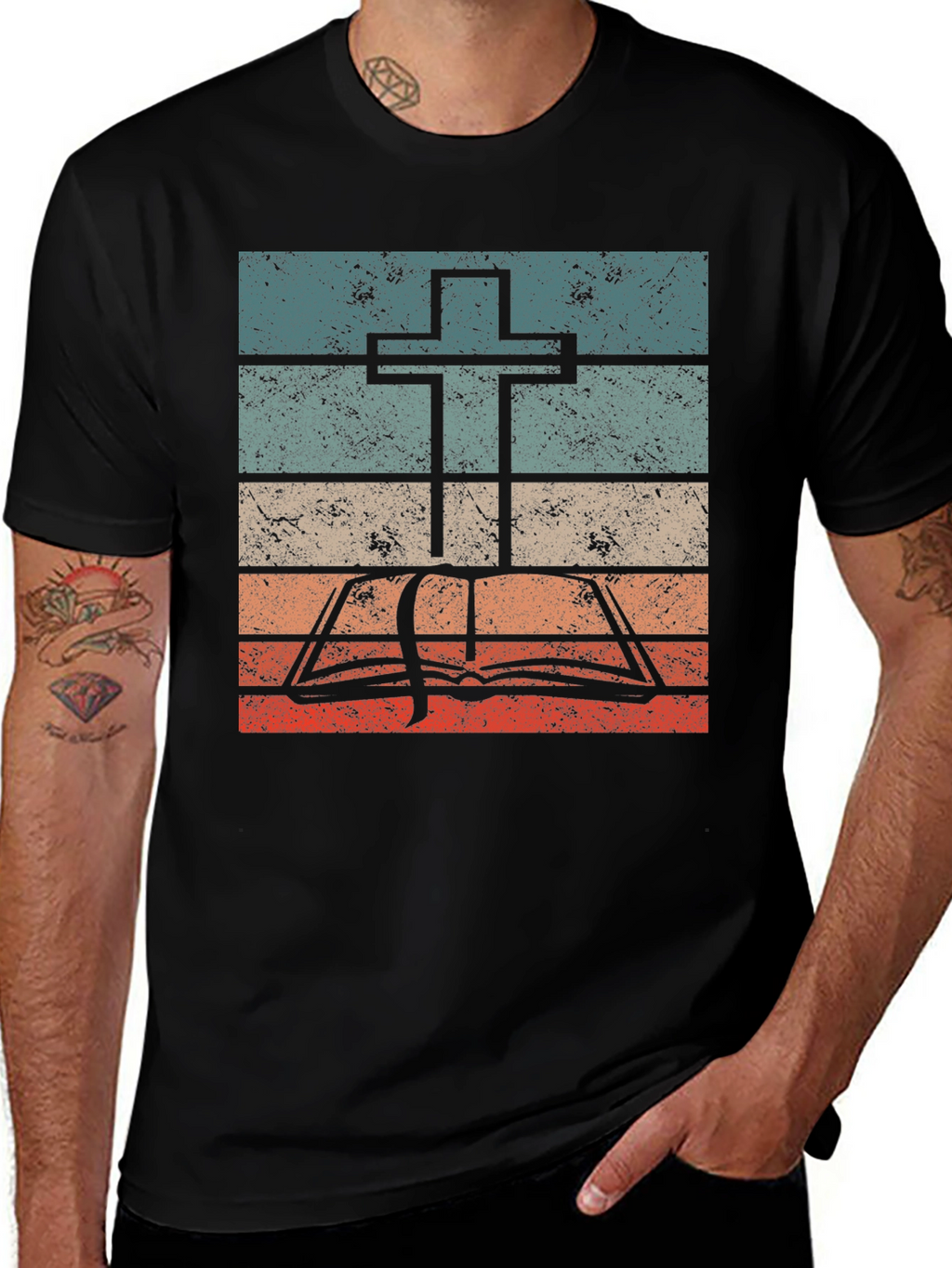Retro Cross and Bible Graphic T-Shirt