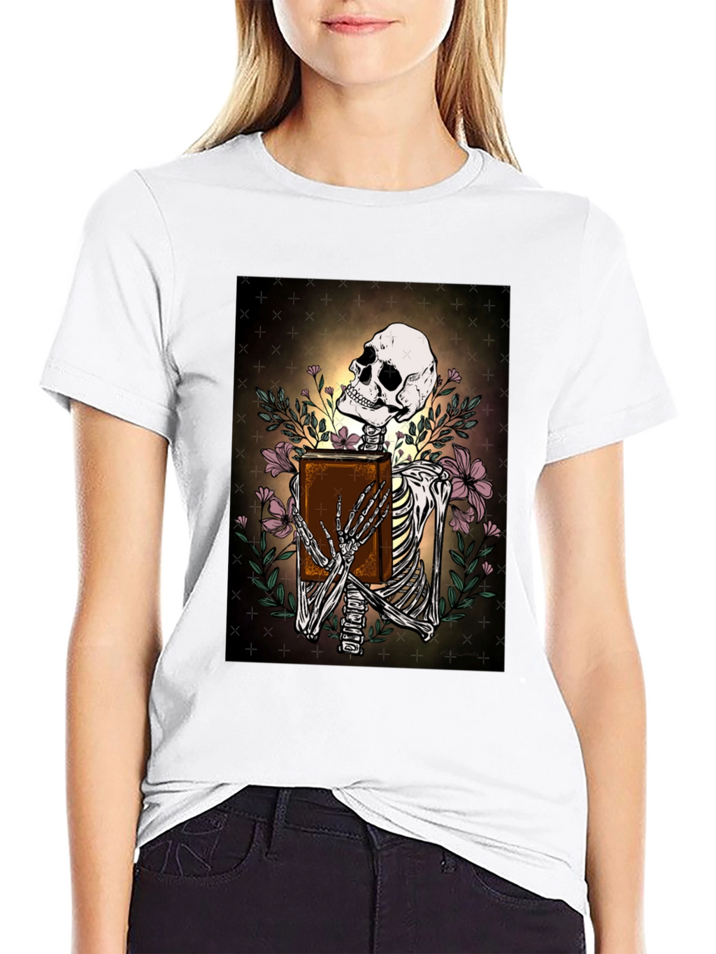 Skeleton Bookworm T-Shirt - Gothic Scholar Design