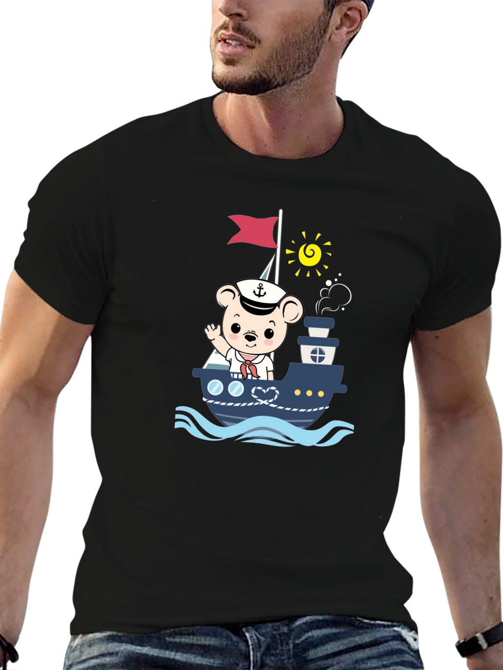 Bear Sailor Boat Graphic T-Shirt