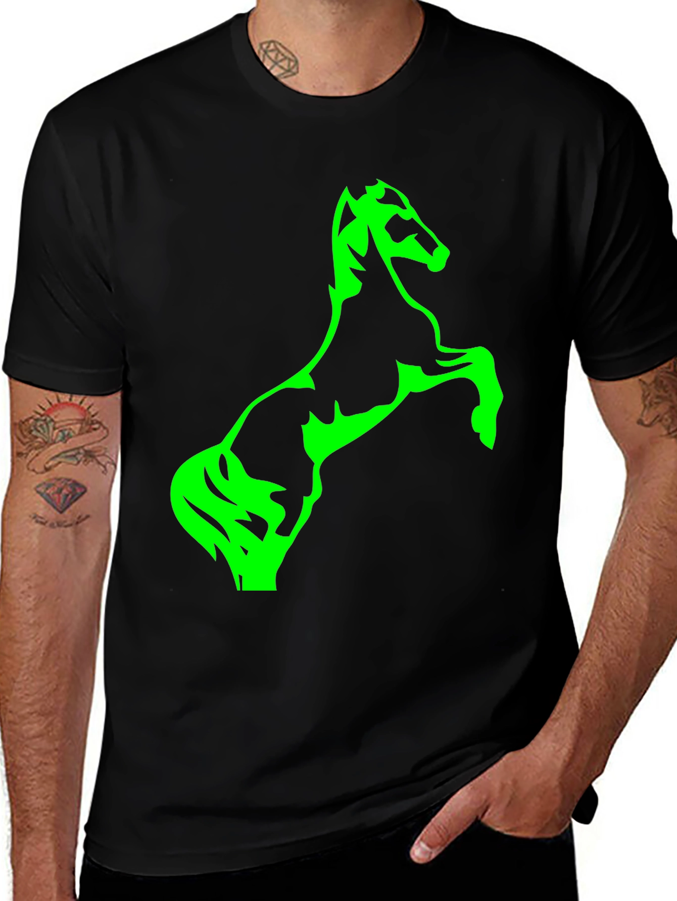 Black T-Shirt with Green Horse Graphic