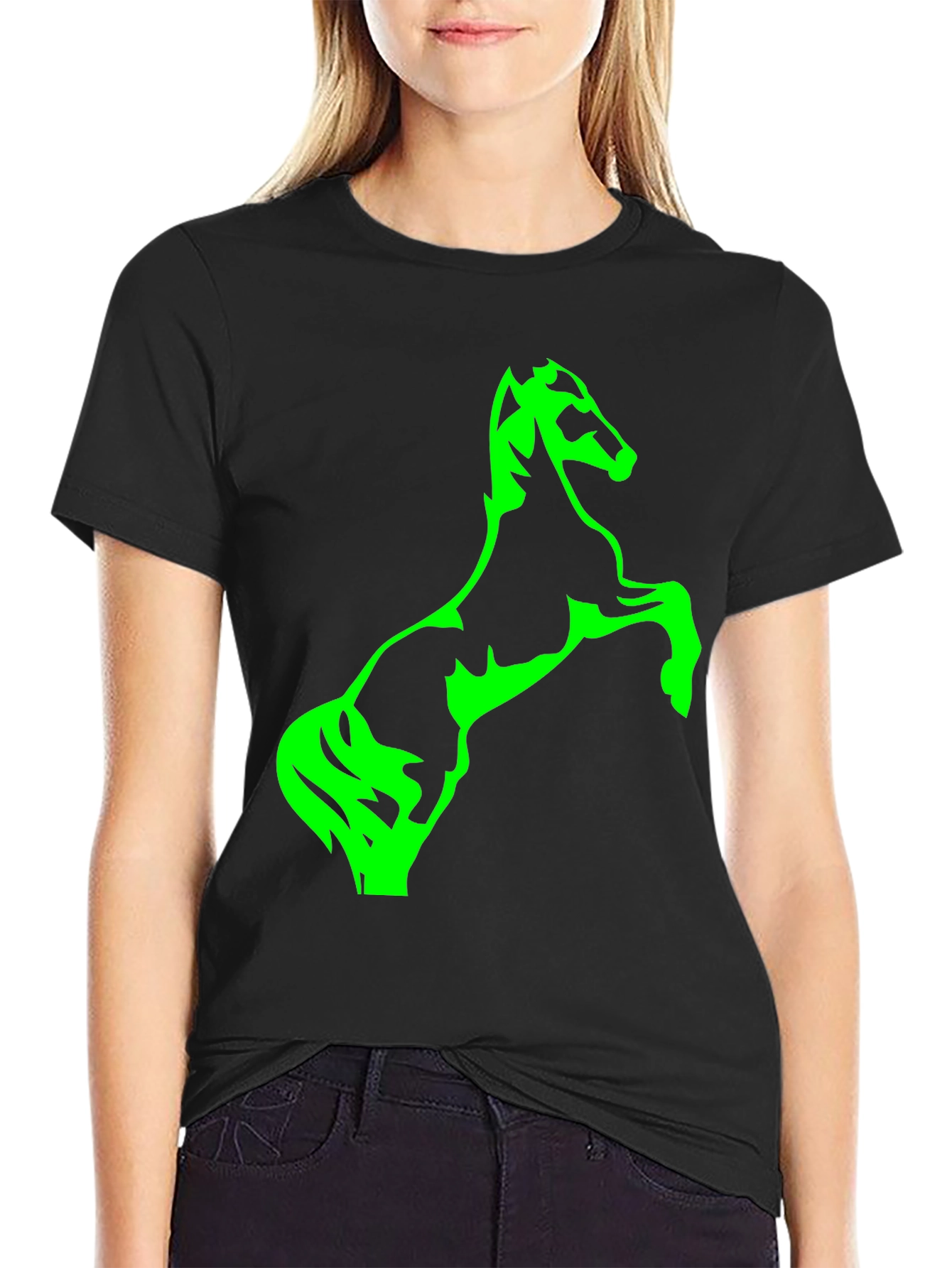 Black T-Shirt with Green Horse Graphic