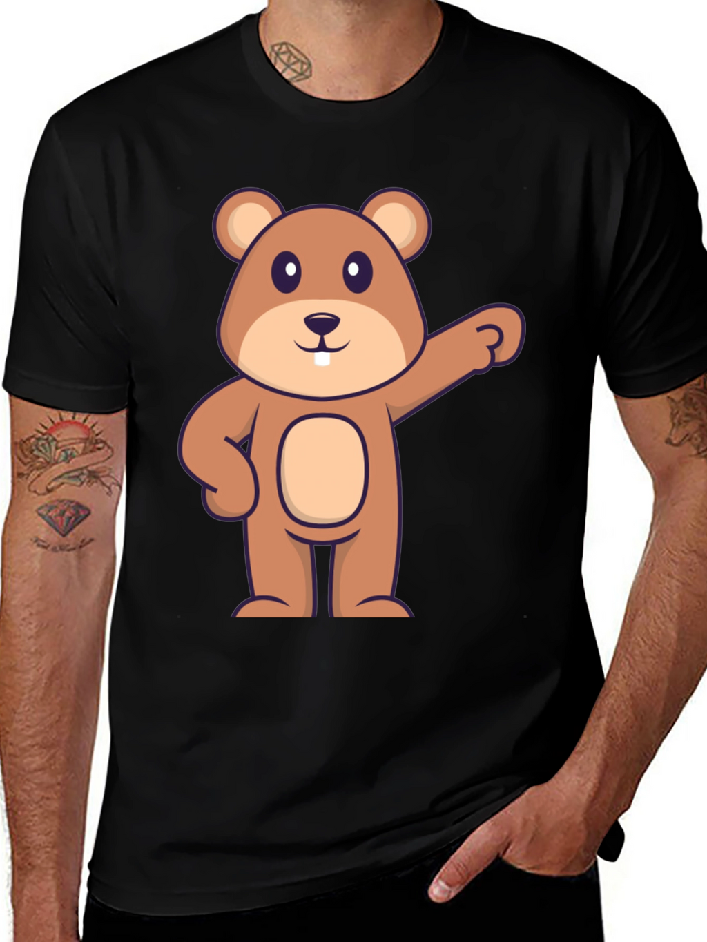Cartoon Beaver Graphic Tee - Black Cotton