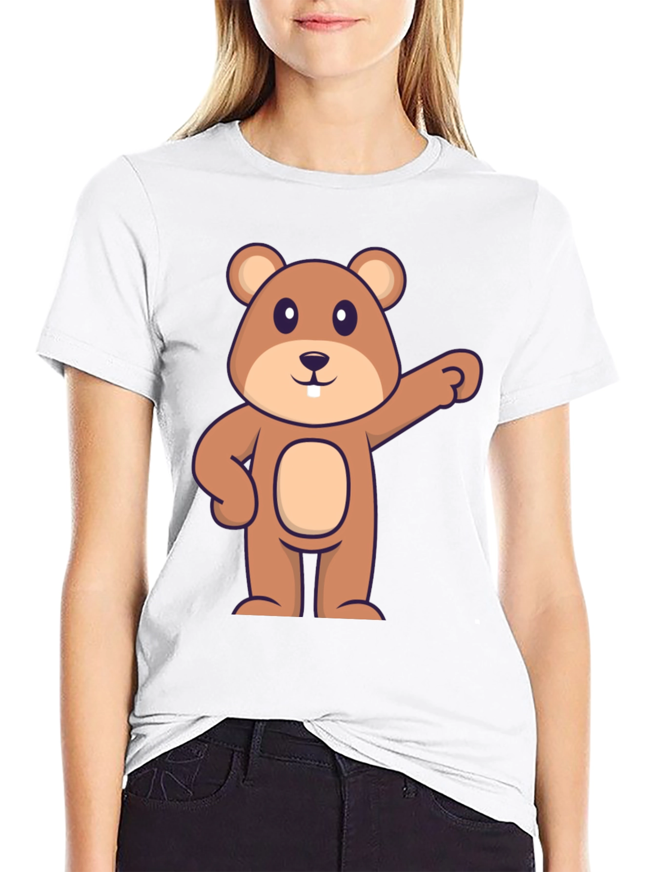 Cartoon Beaver Graphic Tee - Black Cotton